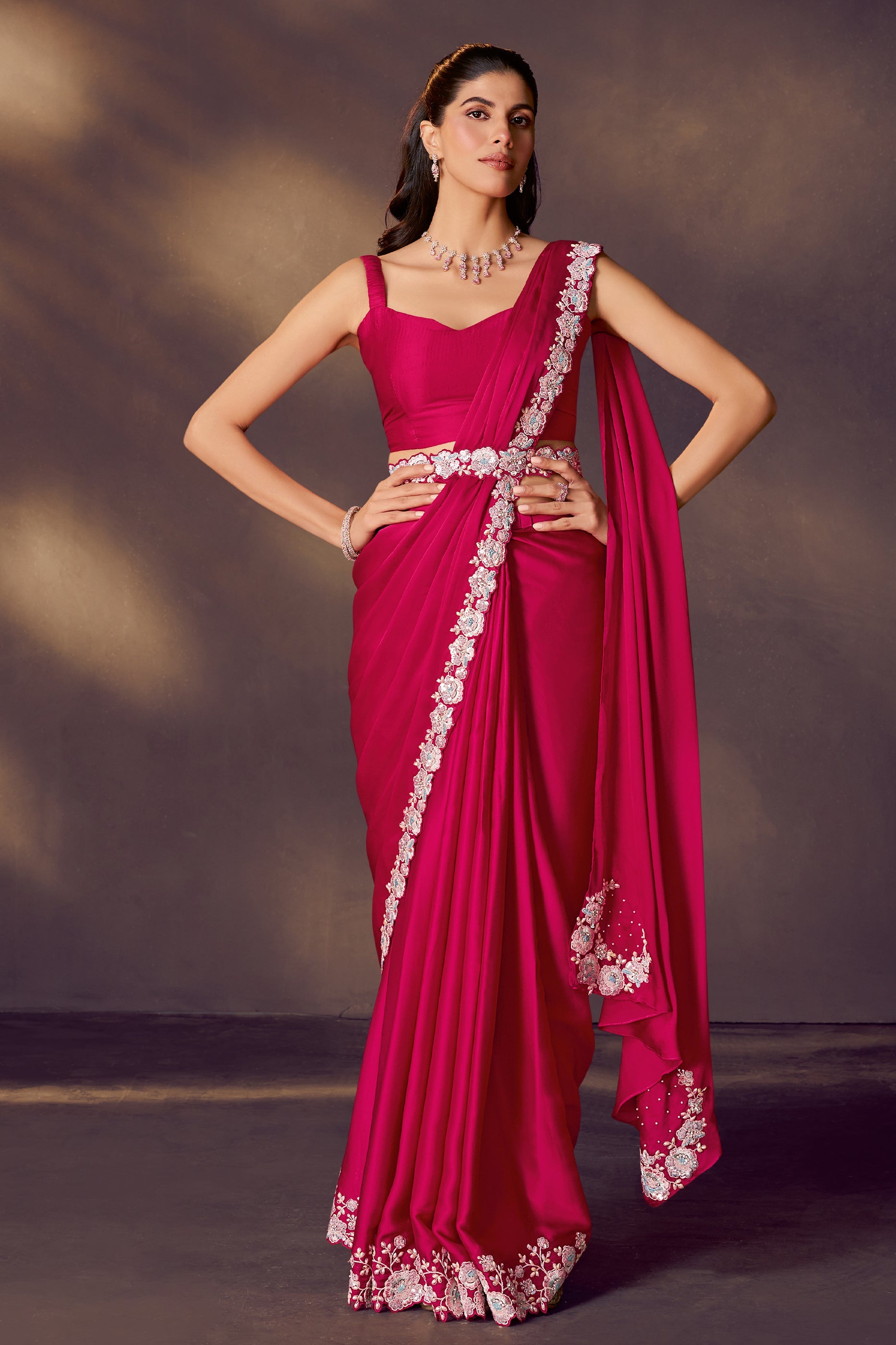 Pink Embroidered Satin Readymade Saree with Stitched Blouse-SAR10860_3_SareeButa.com