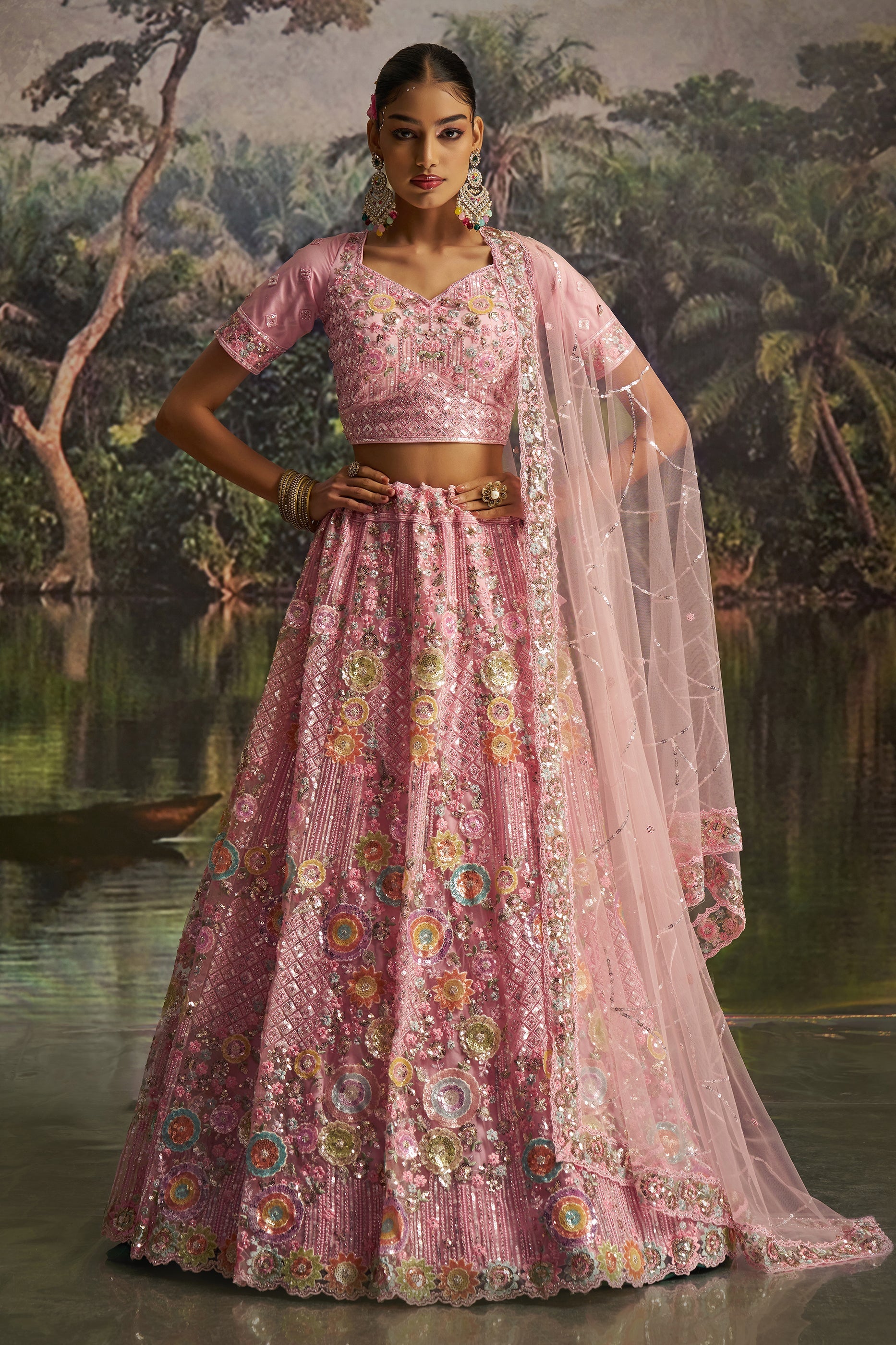 Pink Embroidered Sequinced Semi-Stitched Lehenga-SAR10360_1_SareeButa.com