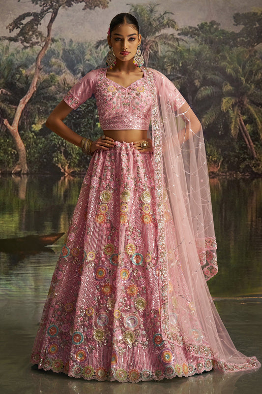 Pink Embroidered Sequinced Semi-Stitched Lehenga-SAR10360_1_SareeButa.com