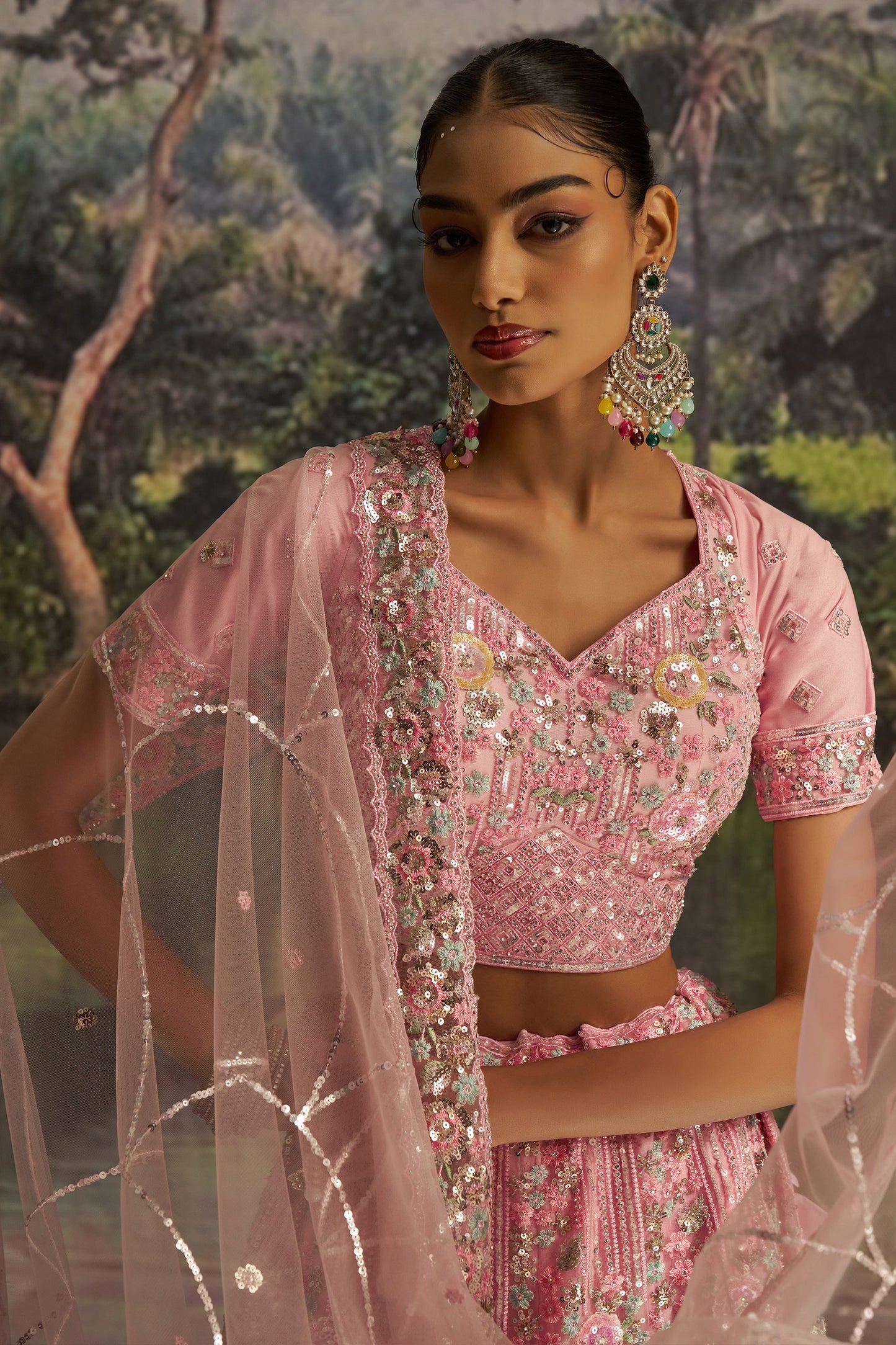 Pink Embroidered Sequinced Semi-Stitched Lehenga-SAR10360_2_SareeButa.com