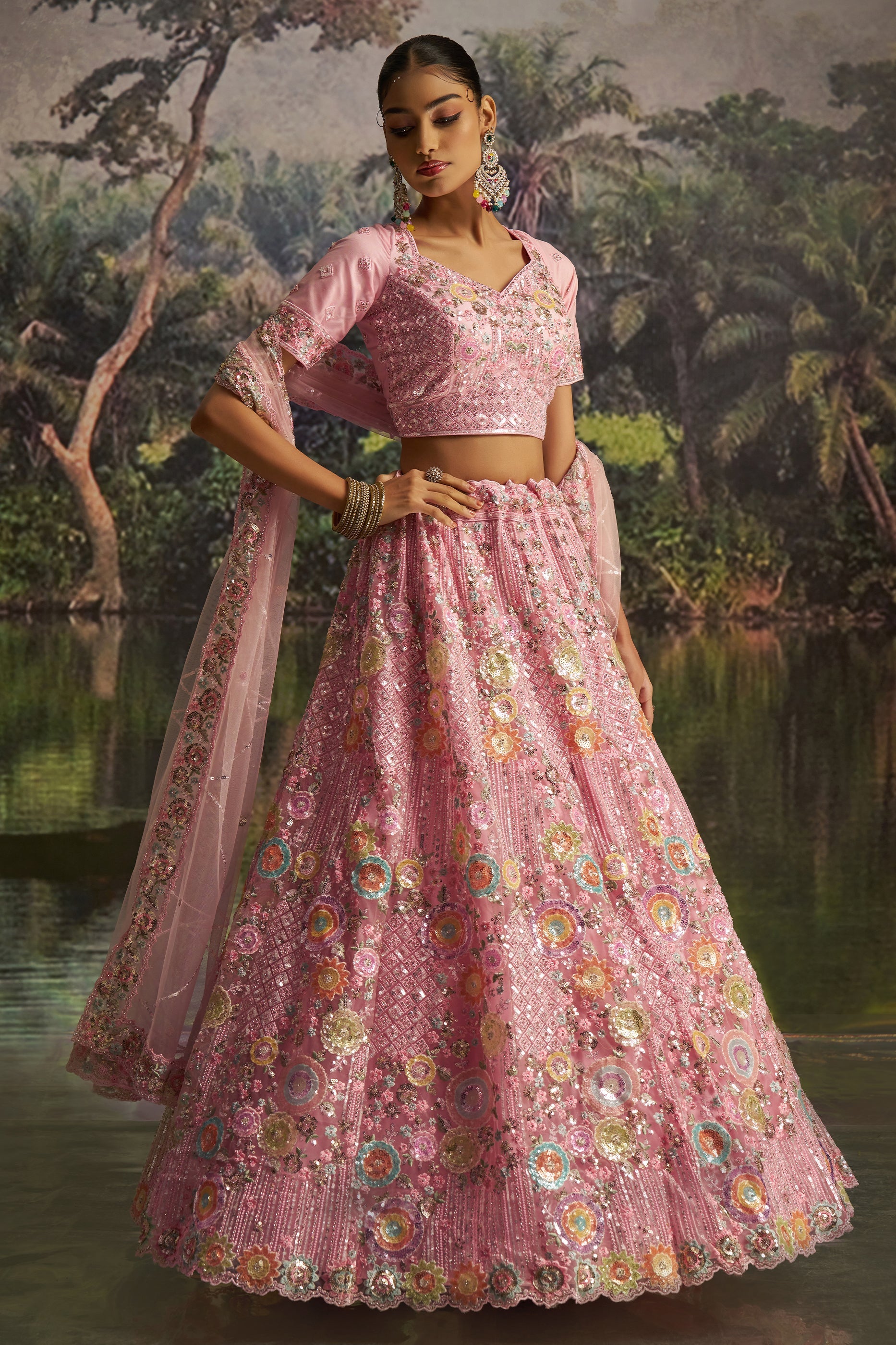 Pink Embroidered Sequinced Semi-Stitched Lehenga-SAR10360_4_SareeButa.com