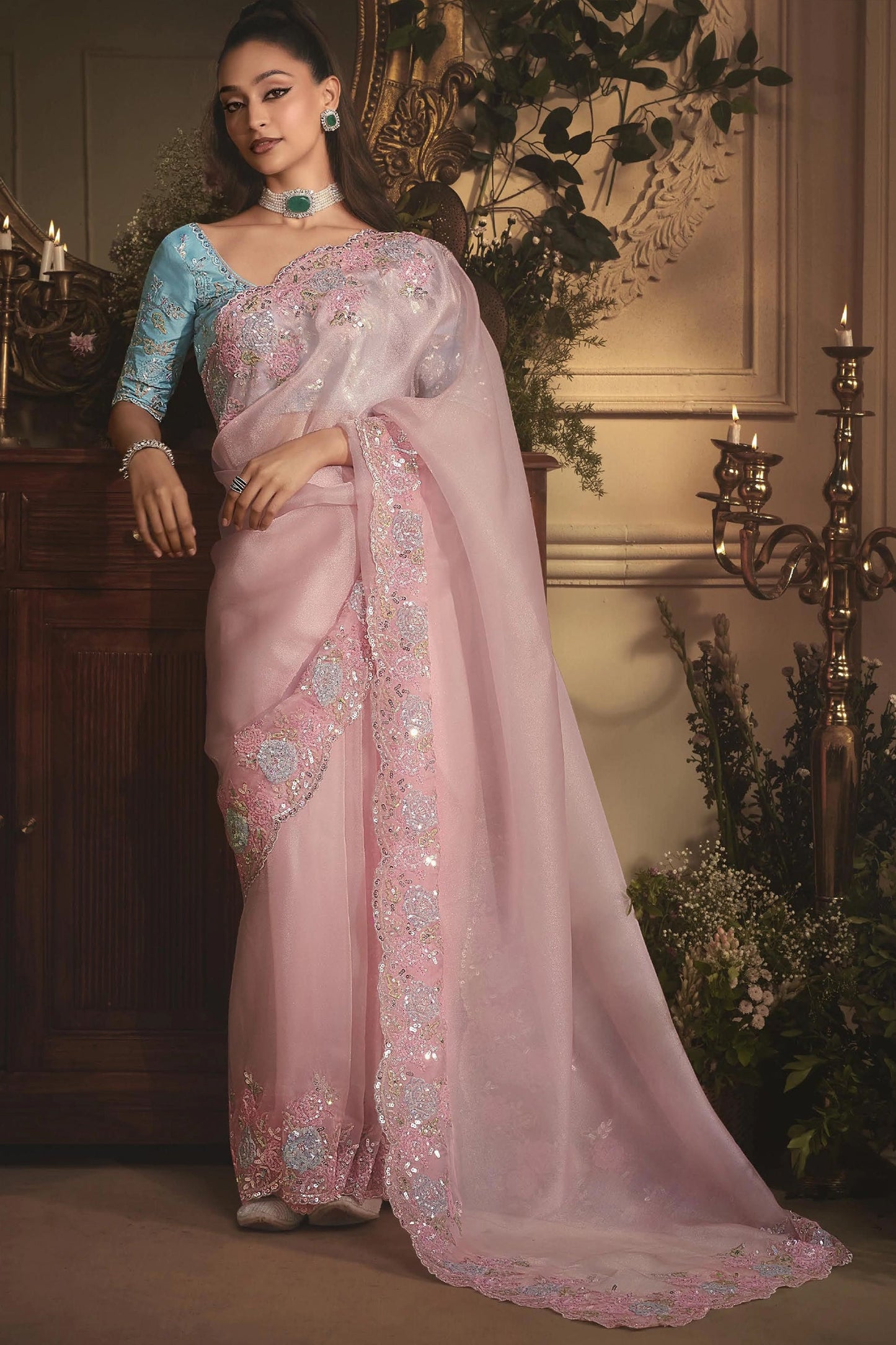 Pink Embroidered Tissue Organza Saree-SAR10239_1_SareeButa.com