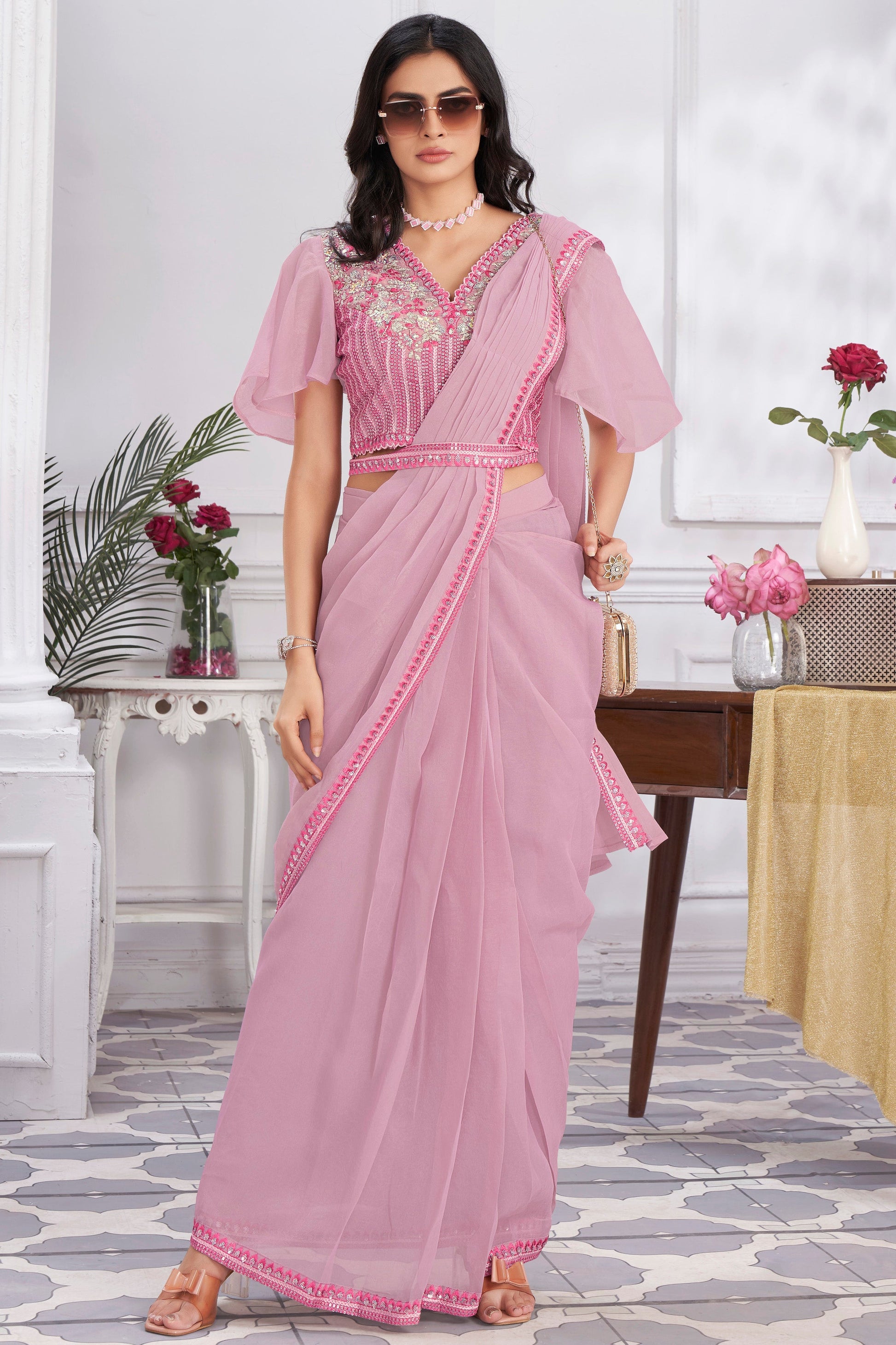 Pink Georgette Readymade Saree With Stitched Blouse-ZB133684_1_SareeButa.com