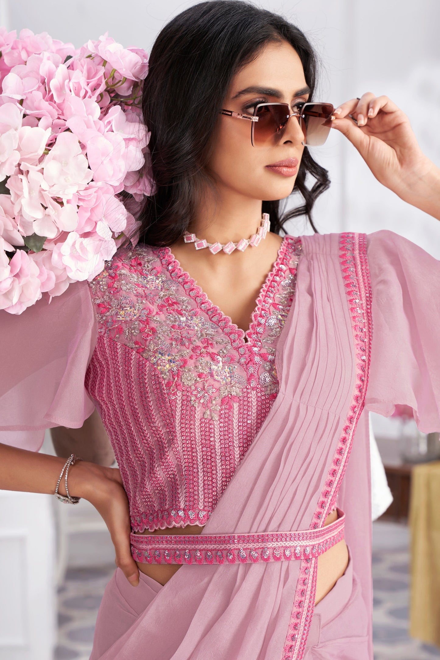 Pink Georgette Readymade Saree With Stitched Blouse-ZB133684_2_SareeButa.com