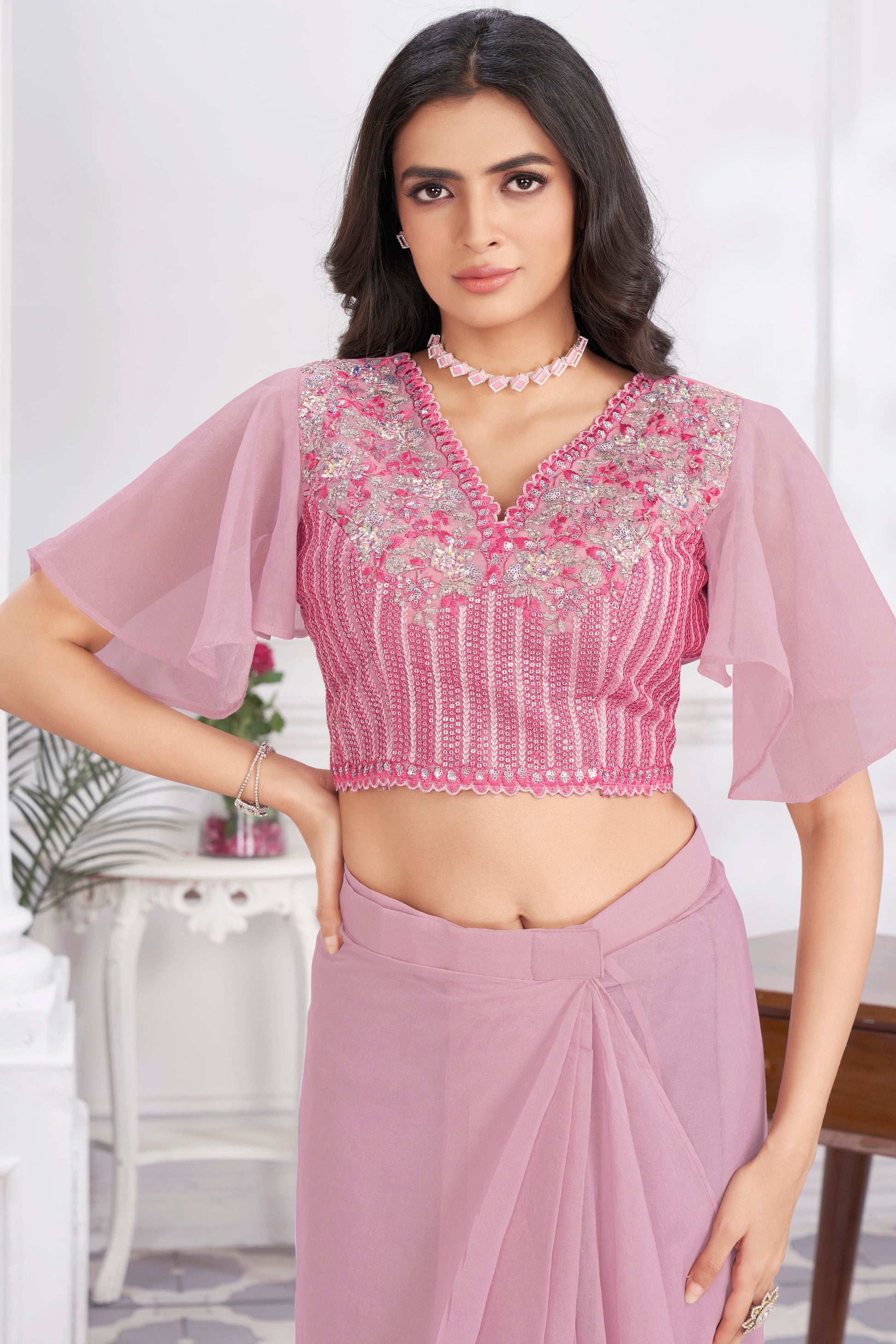 Pink Georgette Readymade Saree With Stitched Blouse-ZB133684_4_SareeButa.com