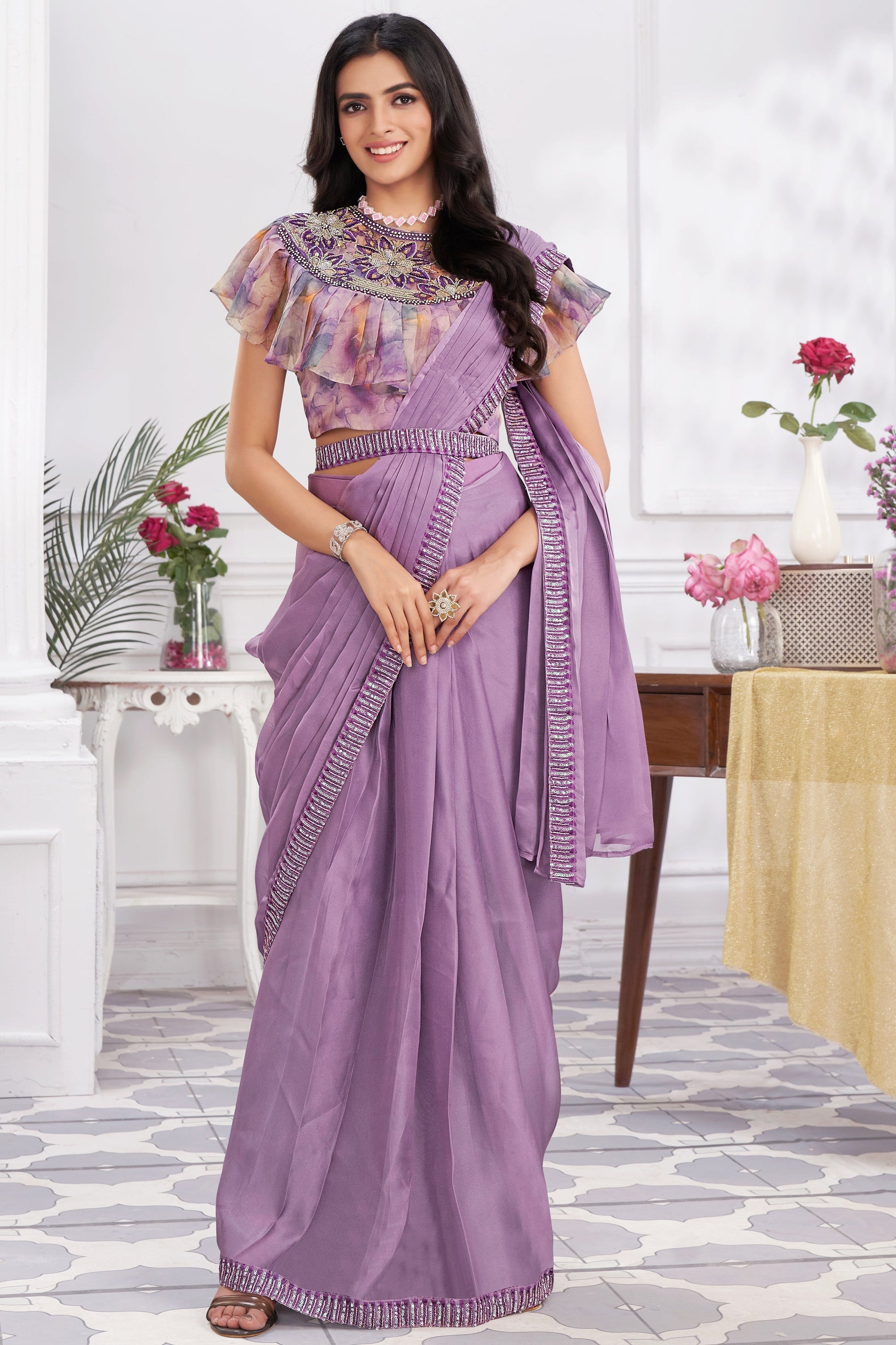 Pink Georgette Readymade Saree With Stitched Blouse-ZB133689_1_SareeButa.com