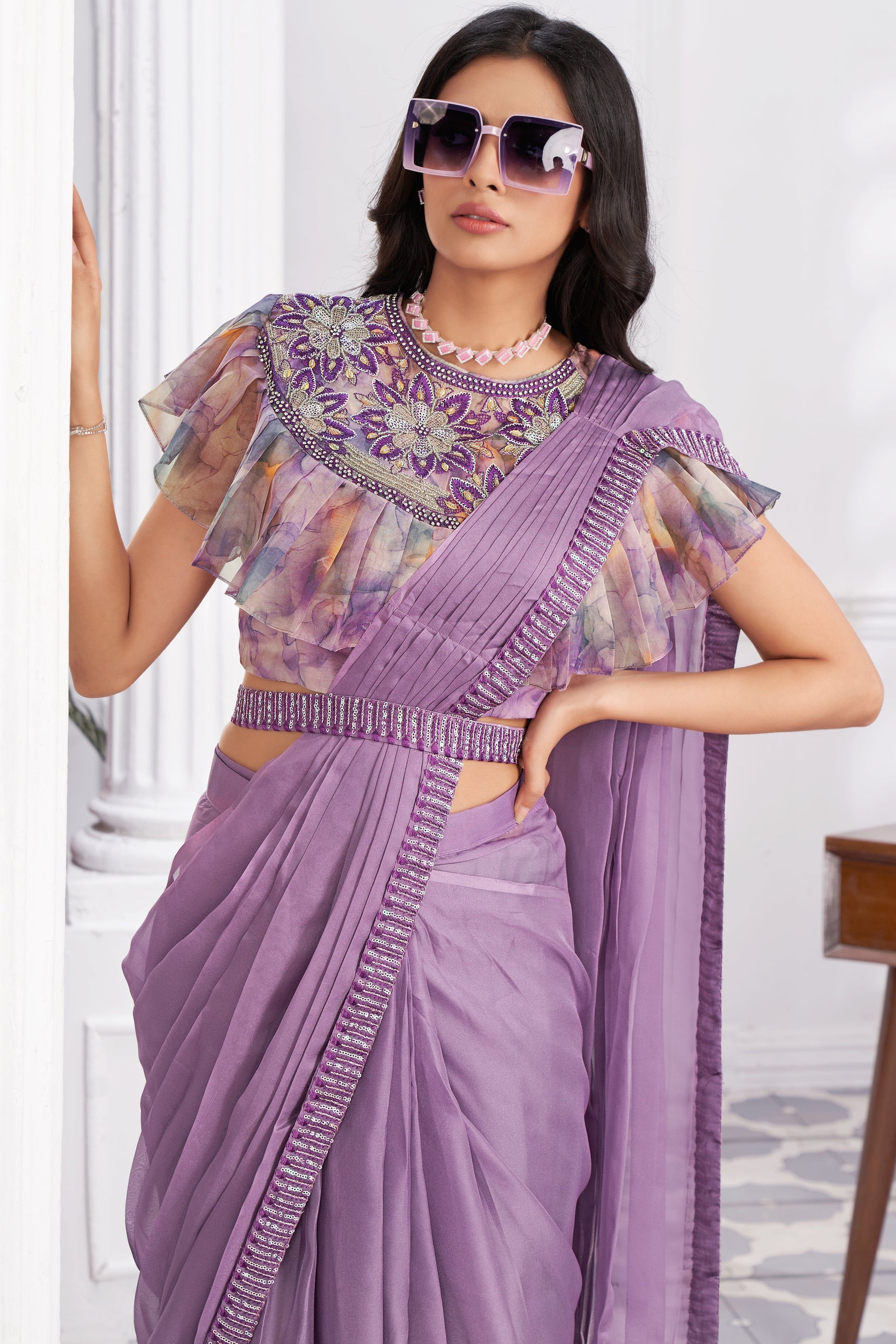 Pink Georgette Readymade Saree With Stitched Blouse-ZB133689_2_SareeButa.com
