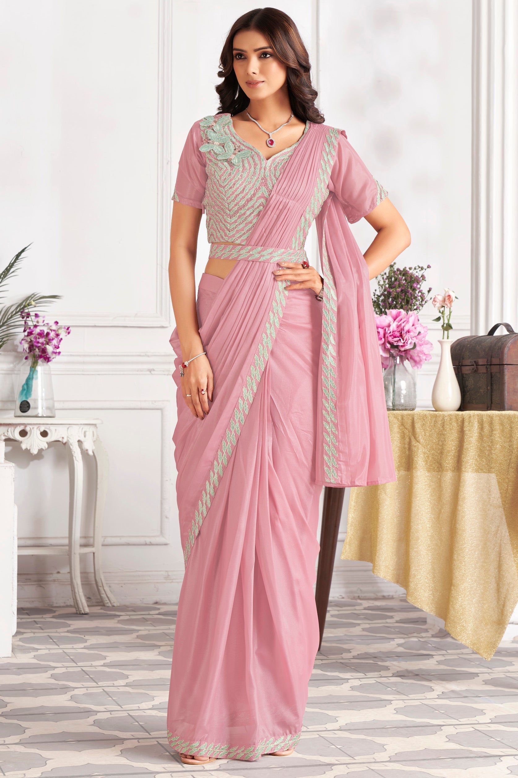 Pink Georgette Readymade Saree With Stitched Blouse-ZB133708_1_SareeButa.com