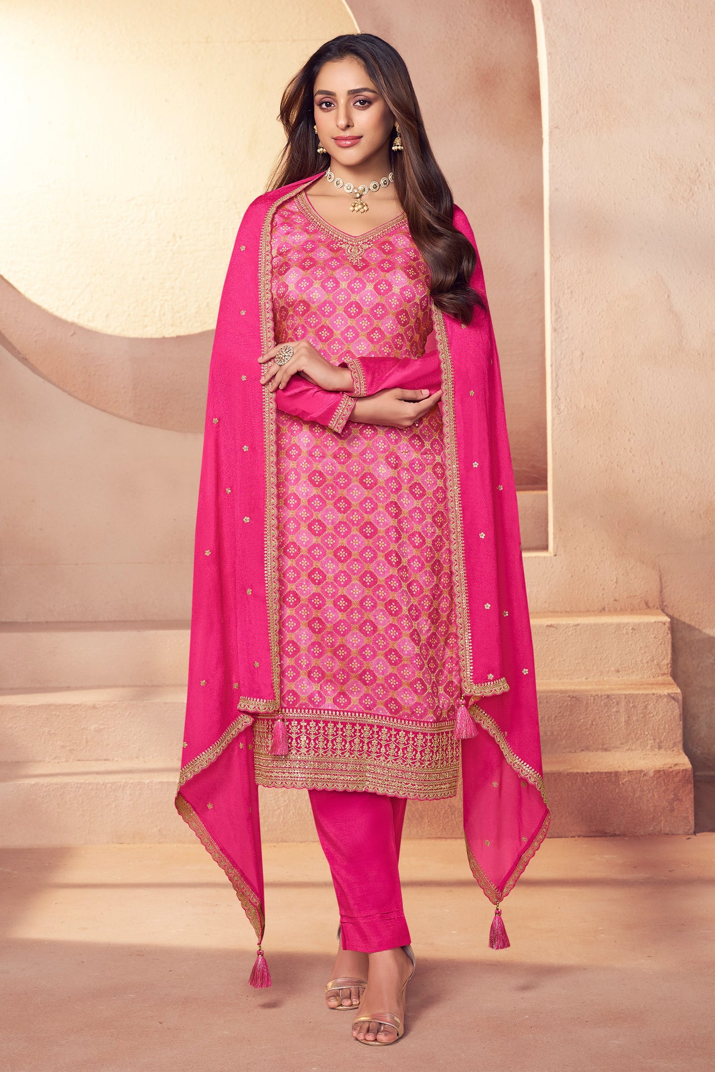 Pink Embroidered Jacquard Silk Suit-SAR11749_1_SareeButa.com