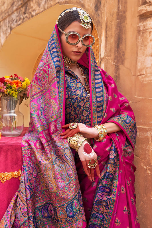 Pink Jamewar Print Viscose Silk Saree-SAR10090_2_SareeButa.com