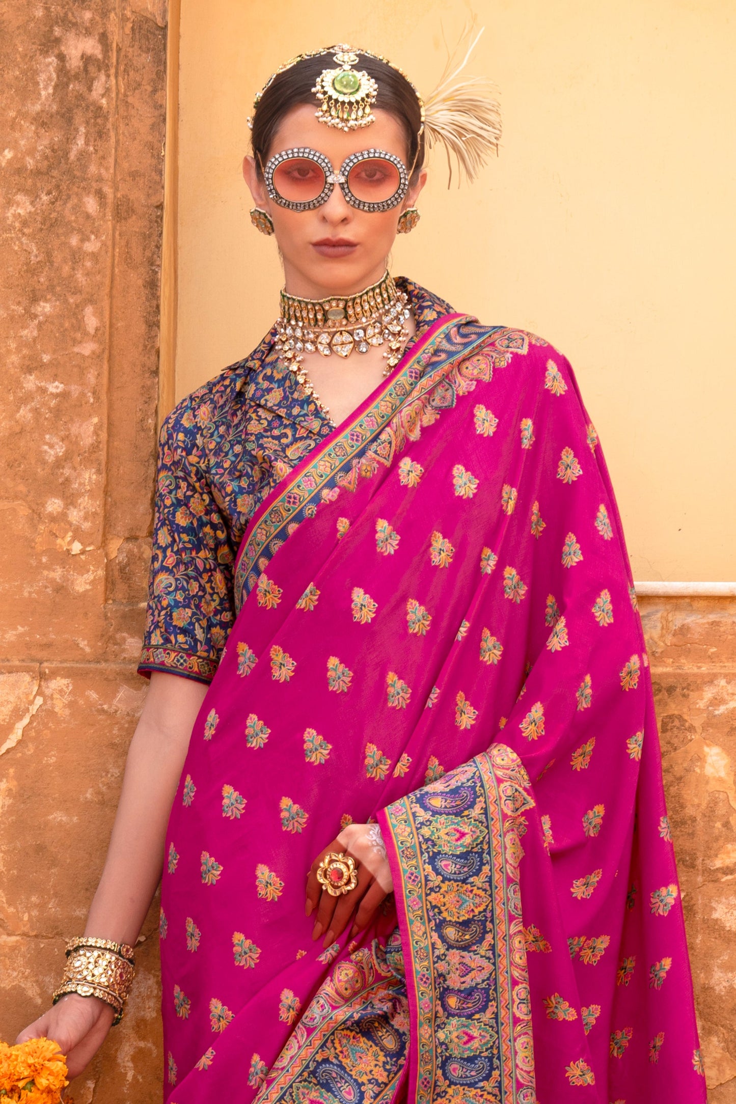 Pink Jamewar Print Viscose Silk Saree-SAR10090_3_SareeButa.com