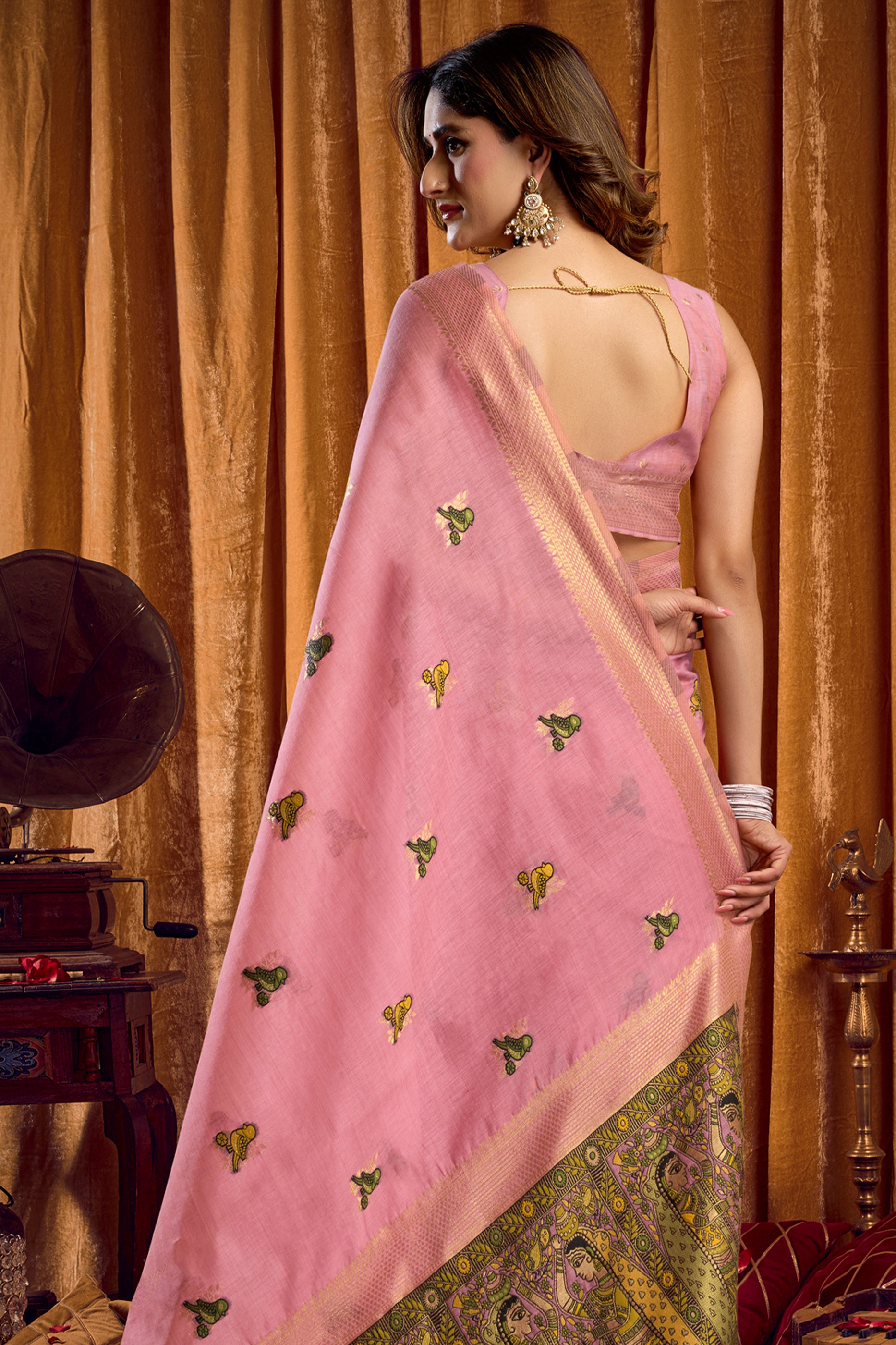 Pink Katha Work Khadi Cotton Saree-SAR12659_3_SareeButa.com
