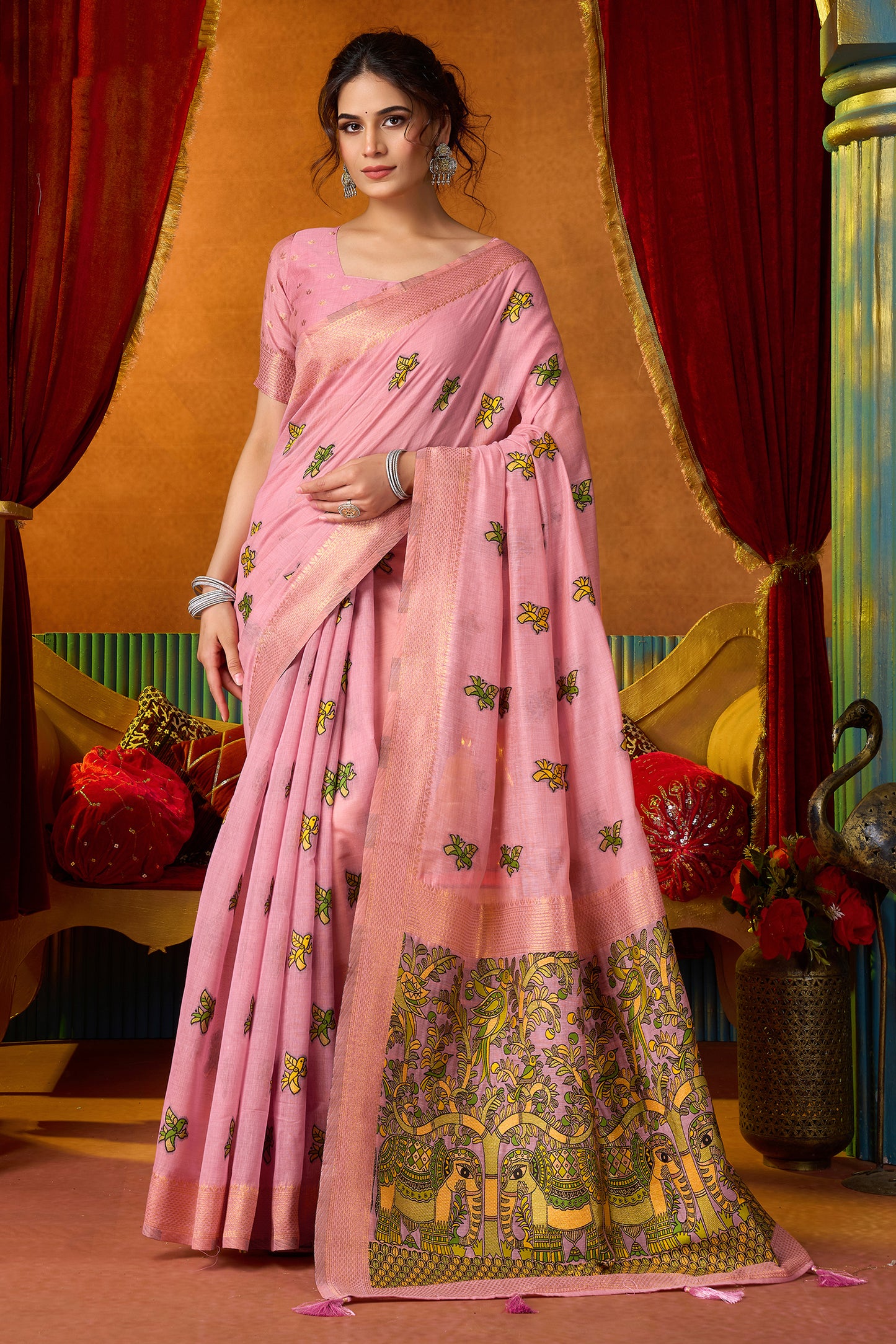 Pink Katha Work Khadi Cotton Saree-SAR12691_1_SareeButa.com