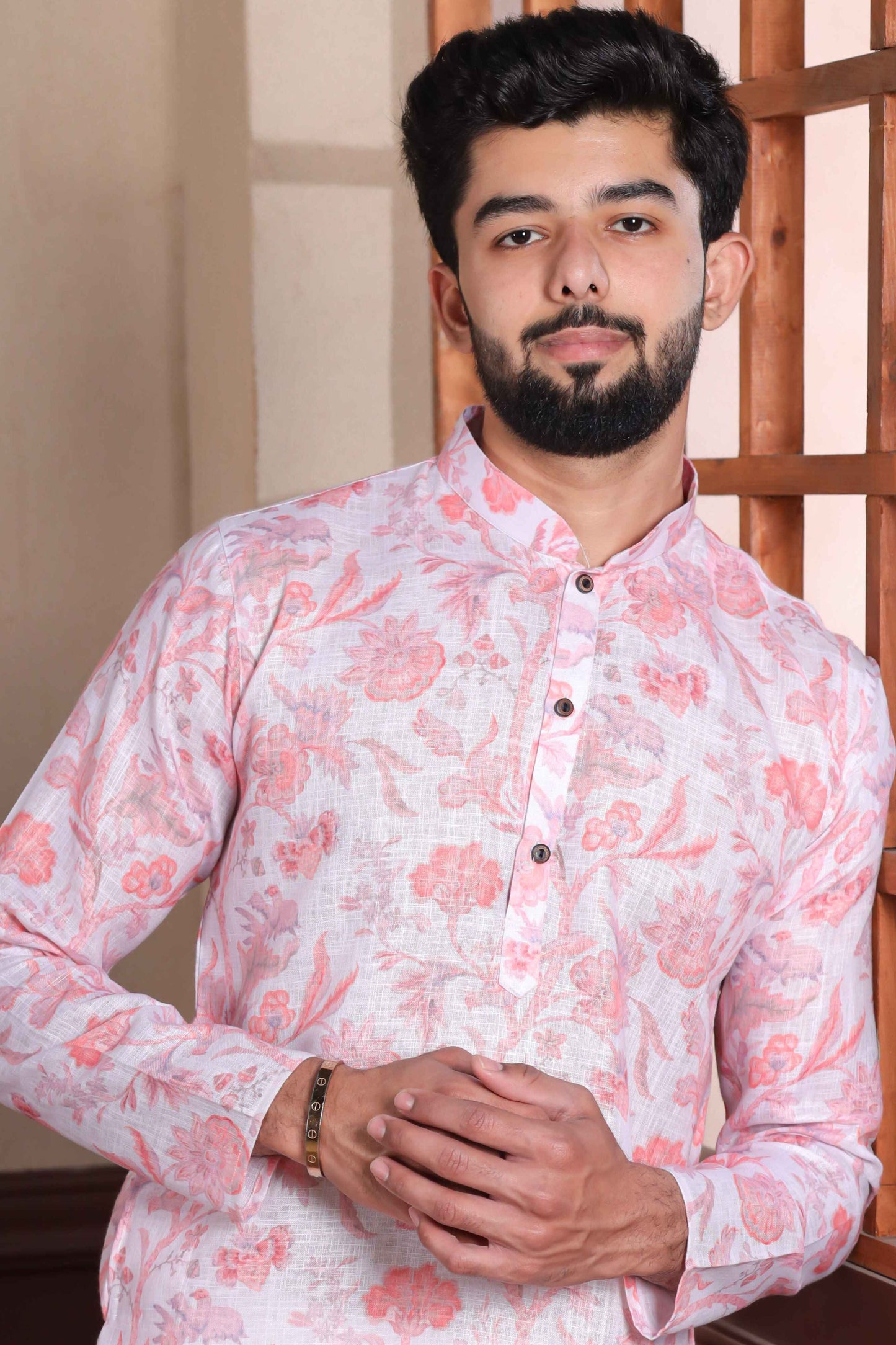 Pink Printed Linen Kurta Pajama-MW72_2_SareeButa.com