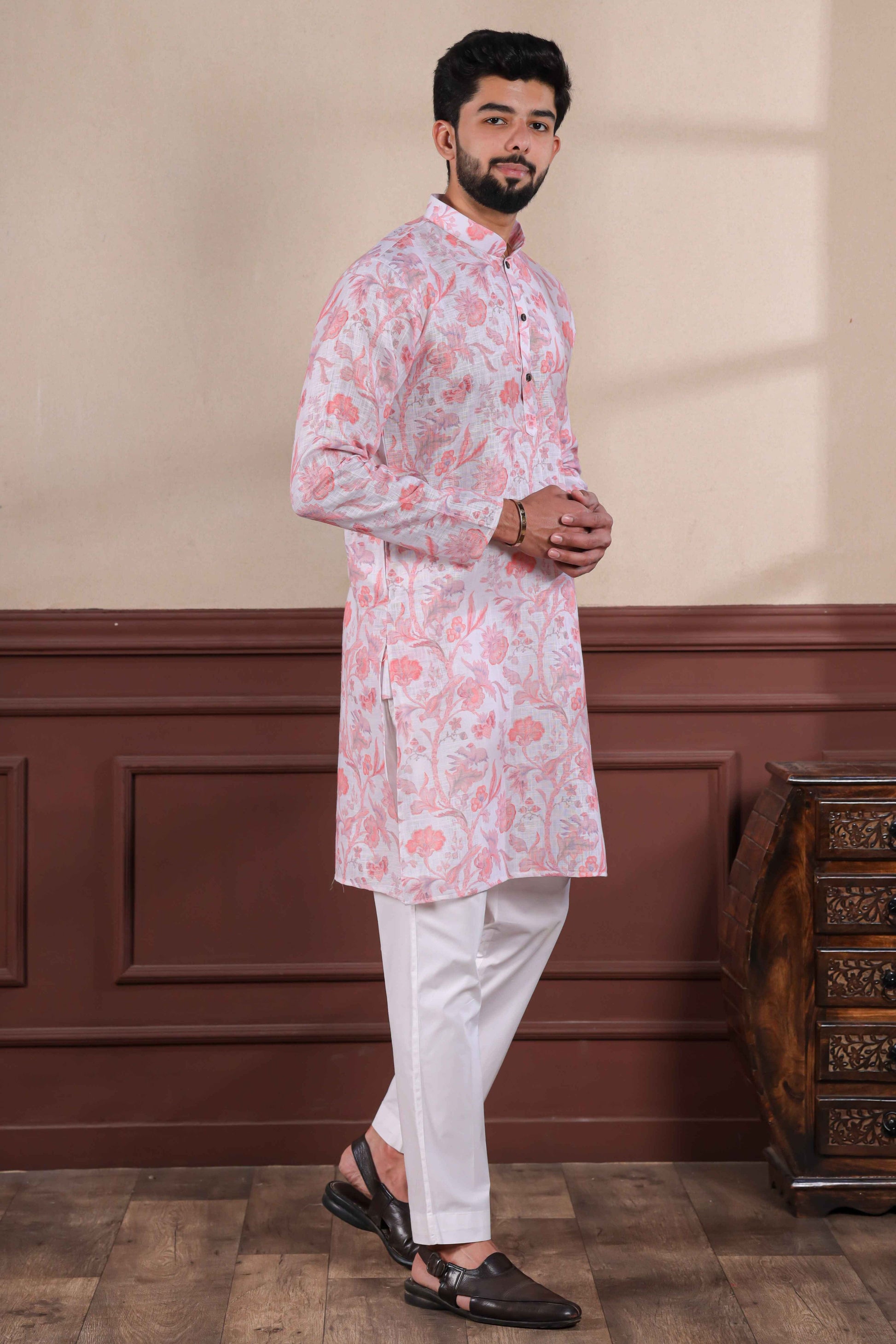 Pink Printed Linen Kurta Pajama-MW72_4_SareeButa.com