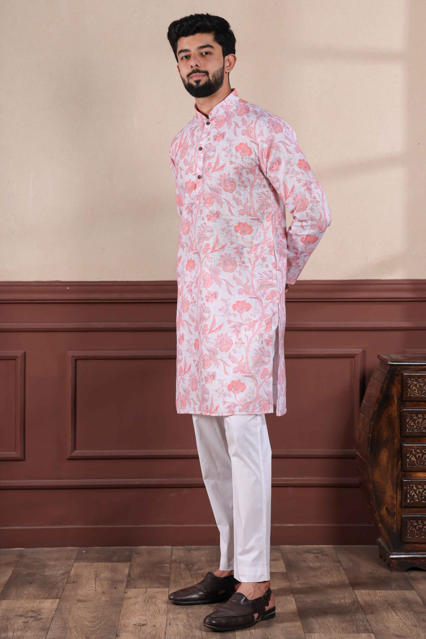 Pink Printed Linen Kurta Pajama-MW72_5_SareeButa.com