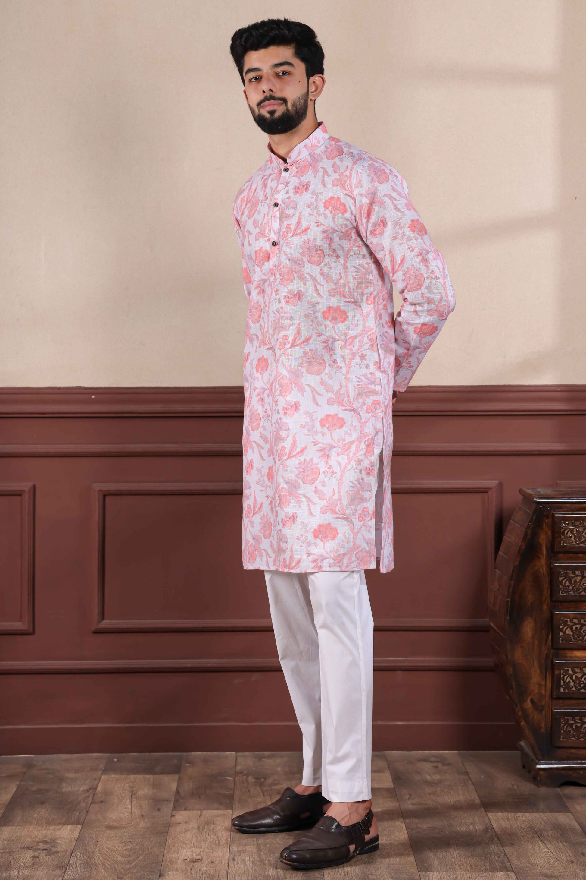 Pink Printed Linen Kurta Pajama-MW72_5_SareeButa.com