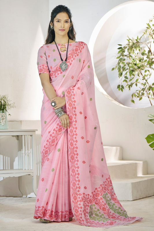 Pink Printed Linen Silk Saree-ZB134719_1_SareeButa.com