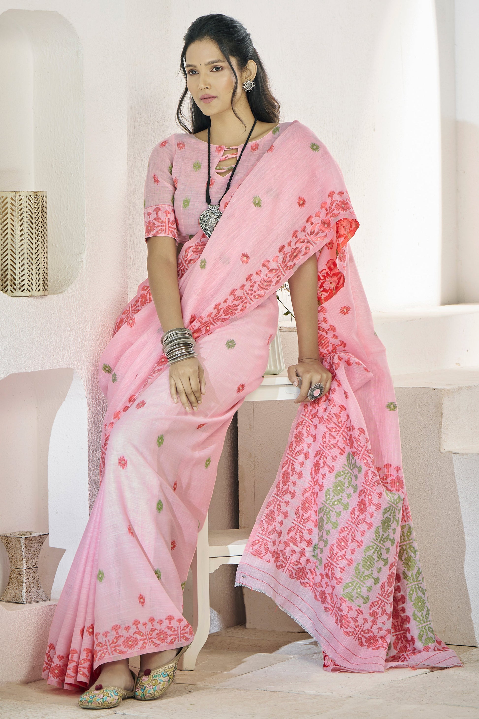 Pink Printed Linen Silk Saree-ZB134719_4_SareeButa.com