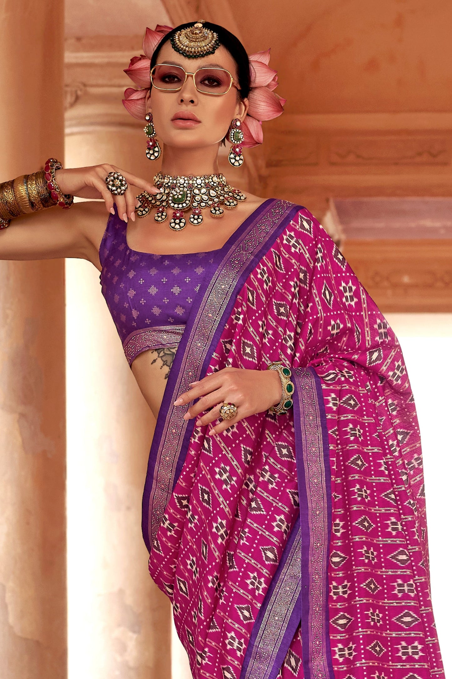 Pink Printed Viscose Silk Patola Saree-SAR10163_3_SareeButa.com