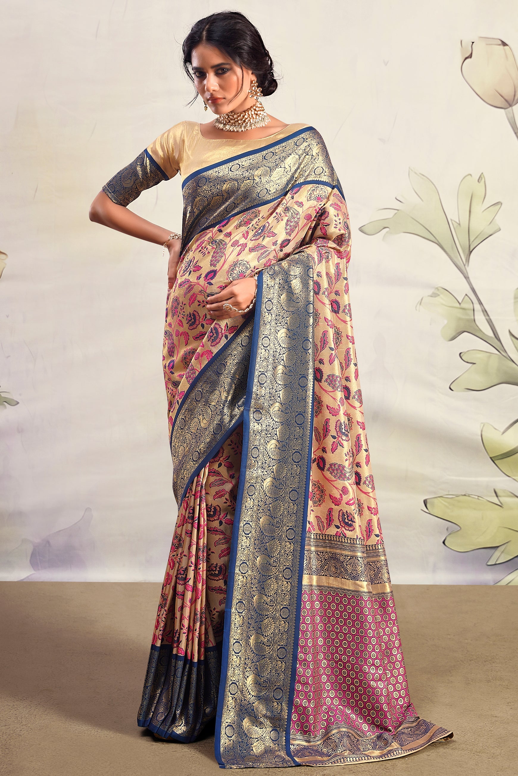 Beige With Blue Border Pure Dharmavaram Silk Saree-ZB133397_1_SareeButa.com