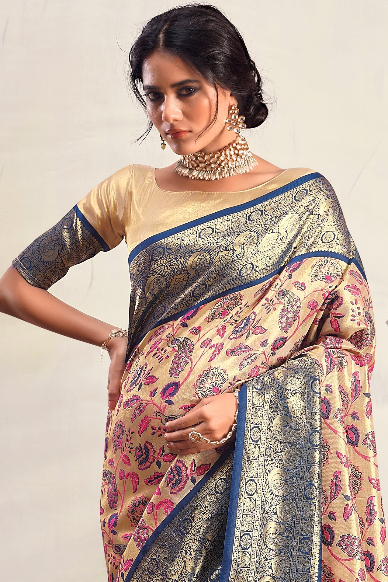 Beige With Blue Border Pure Dharmavaram Silk Saree-ZB133397_2_SareeButa.com