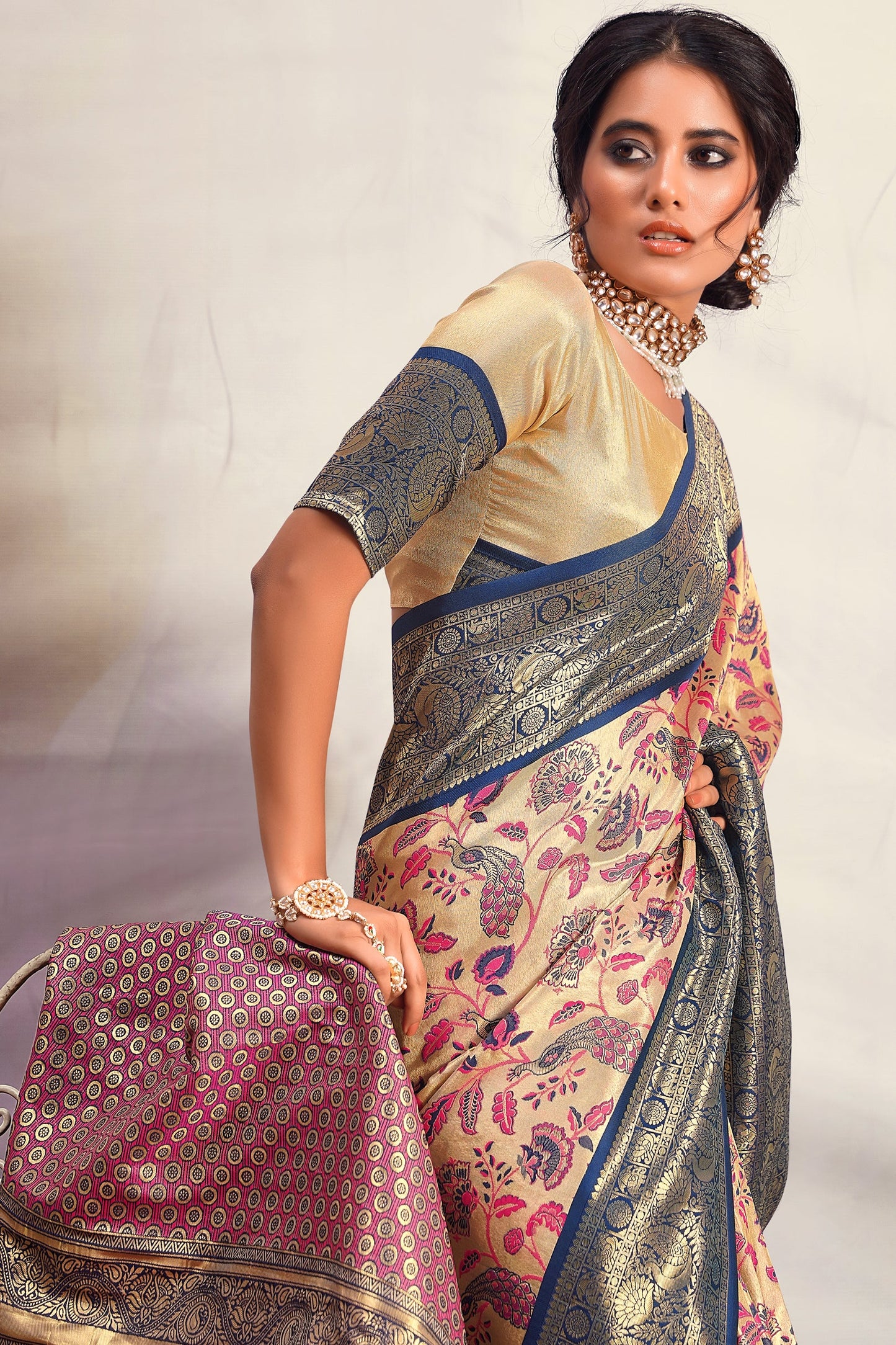 Beige With Blue Border Pure Dharmavaram Silk Saree-ZB133397_3_SareeButa.com