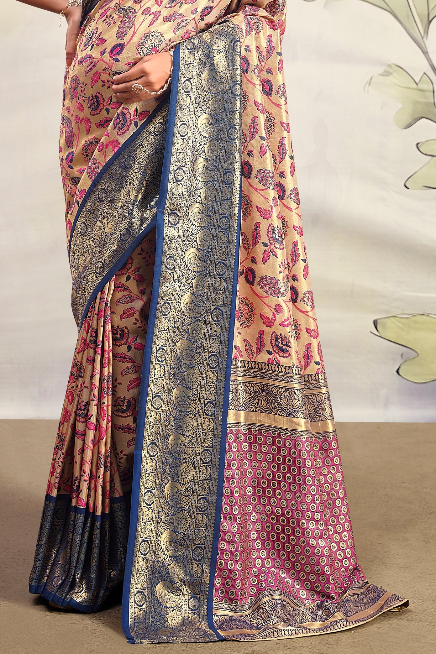 Beige With Blue Border Pure Dharmavaram Silk Saree-ZB133397_4_SareeButa.com