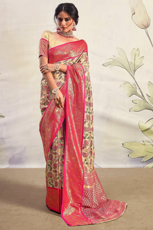 Beige With Pink Border Pure Dharmavaram Silk Saree-ZB133398_1_SareeButa.com