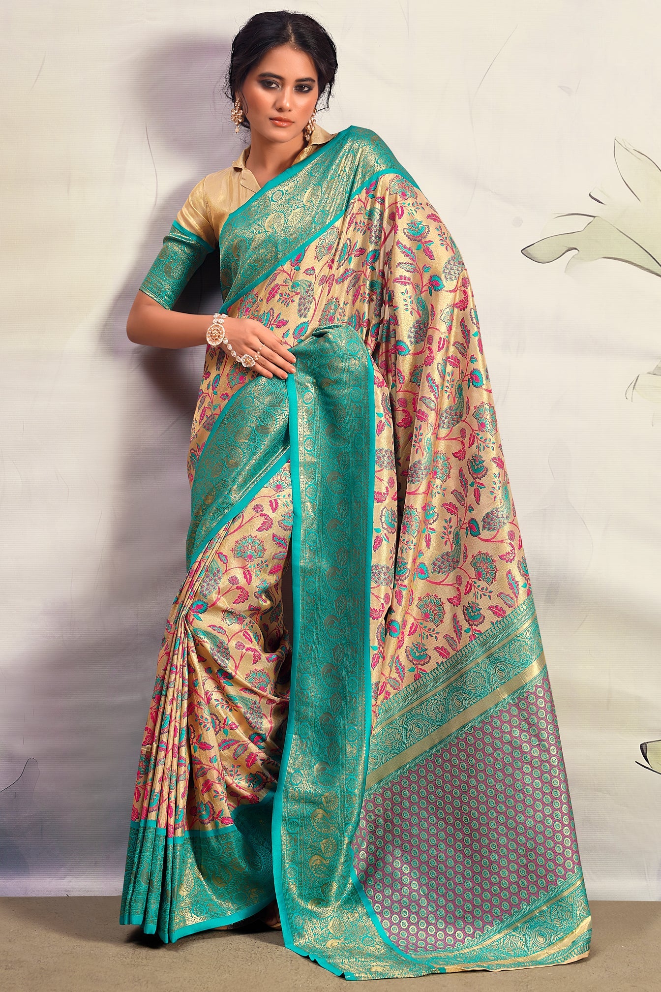 Beige With Blue Border Pure Dharmavaram Silk Saree-ZB133399_1_SareeButa.com