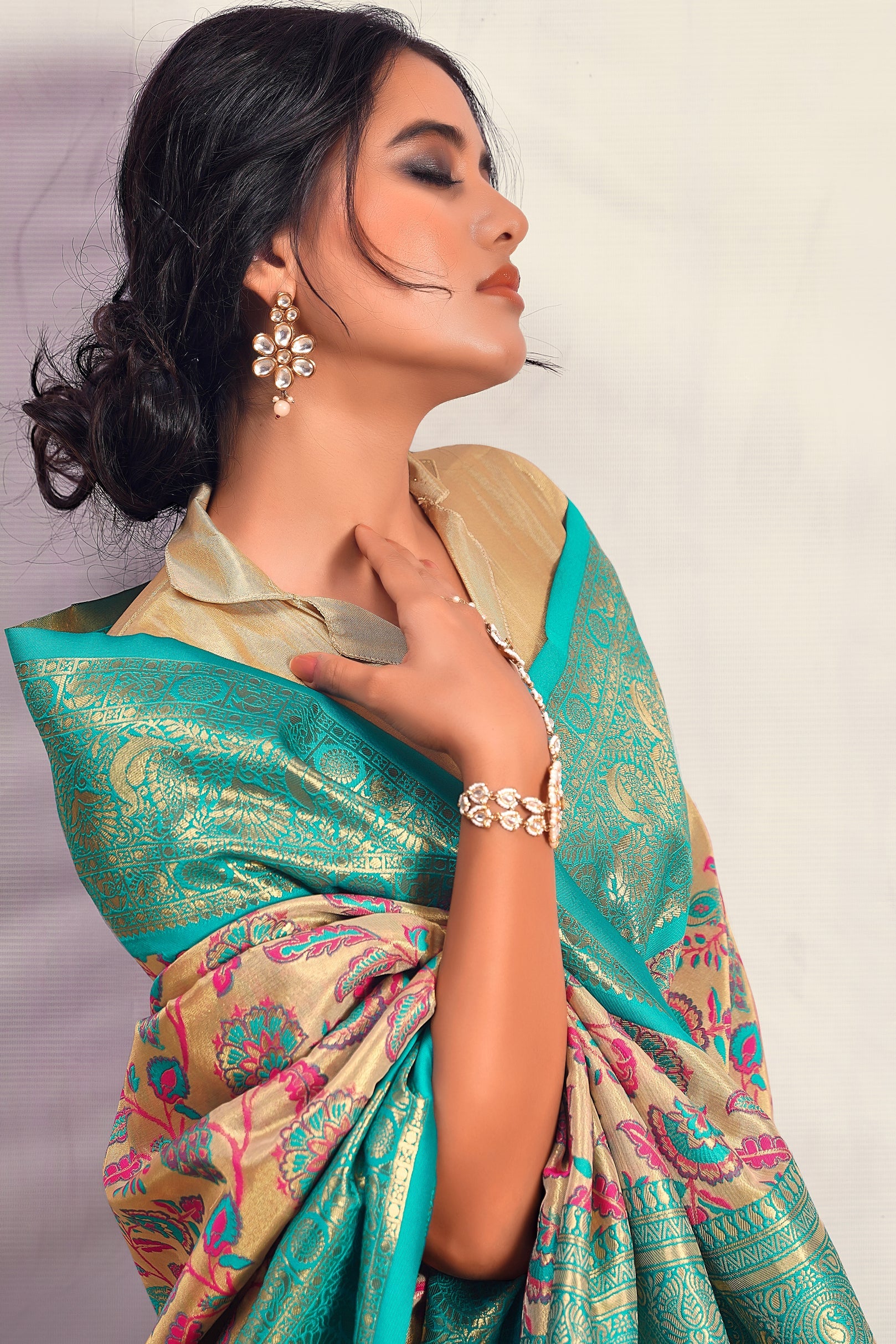 Beige With Blue Border Pure Dharmavaram Silk Saree-ZB133399_2_SareeButa.com