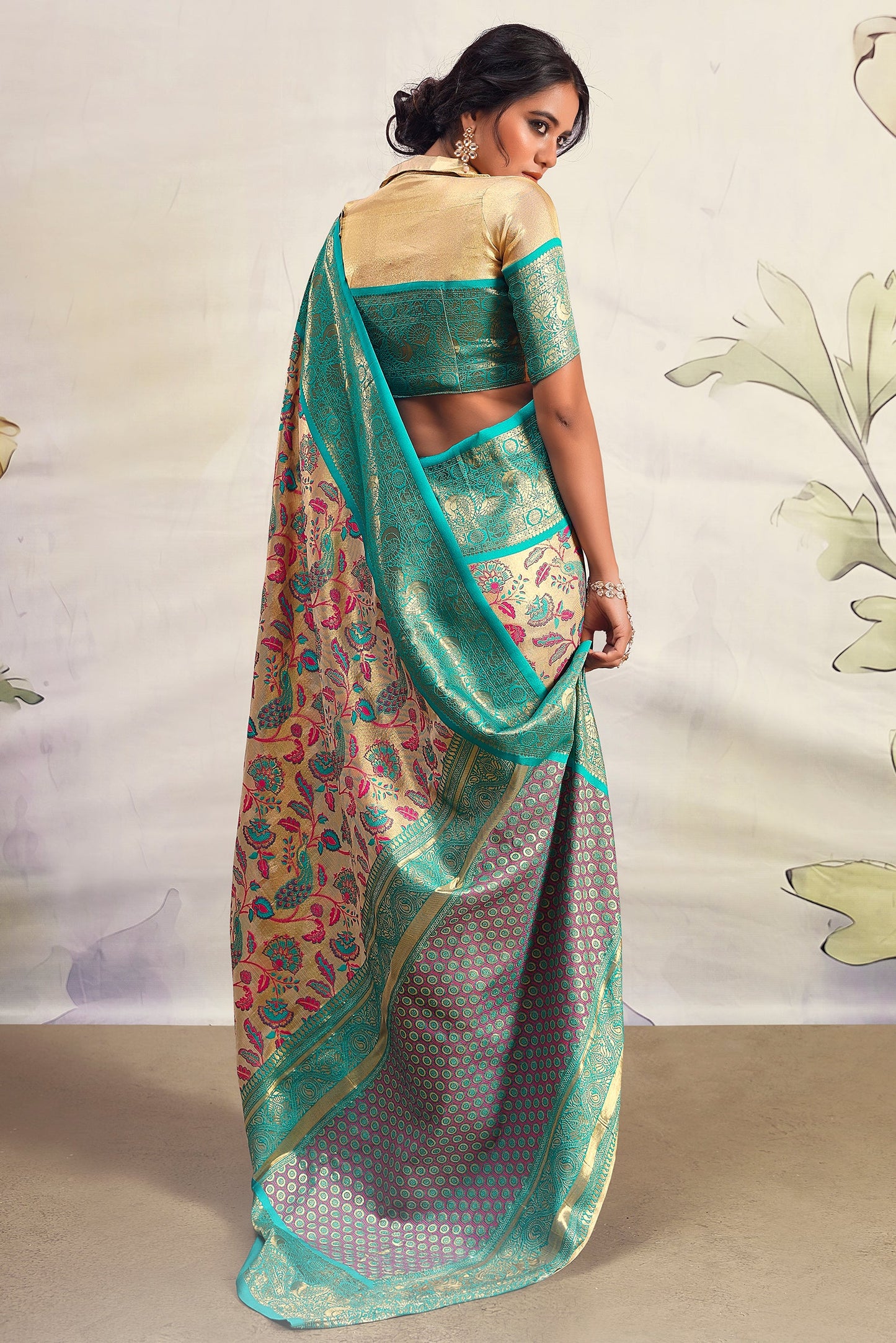 Beige With Blue Border Pure Dharmavaram Silk Saree-ZB133399_3_SareeButa.com