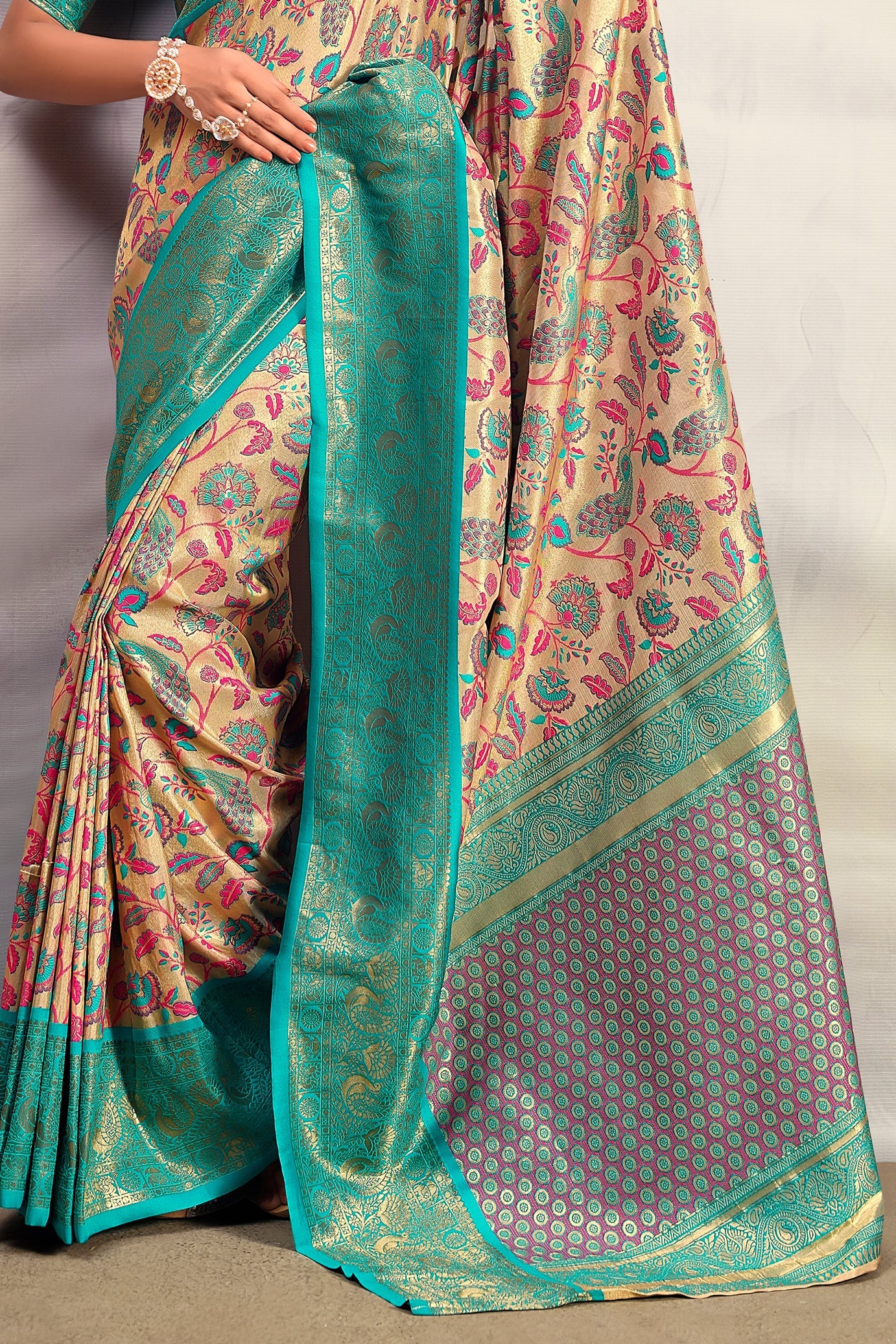 Beige With Blue Border Pure Dharmavaram Silk Saree-ZB133399_4_SareeButa.com