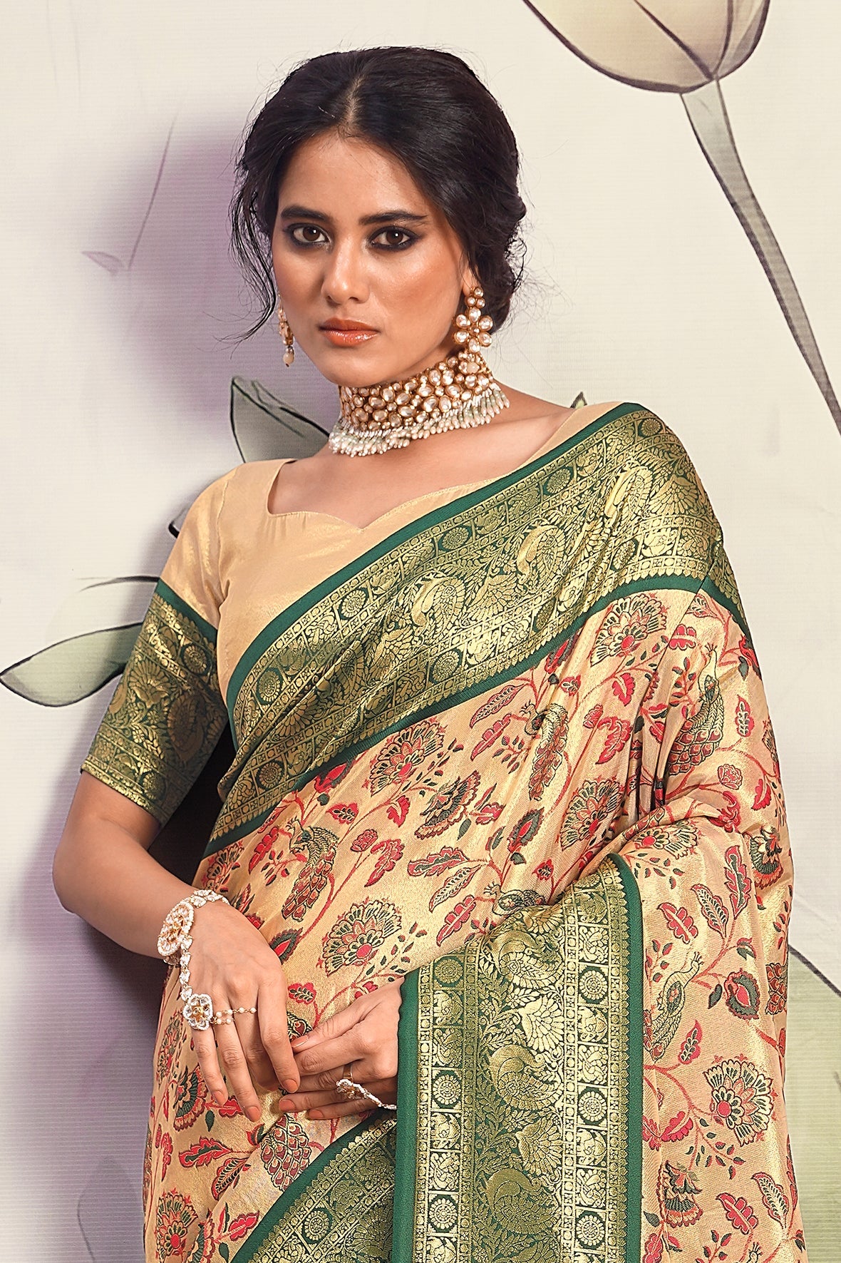 Beige With Green Border Pure Dharmavaram Silk Saree-ZB133401_2_SareeButa.com