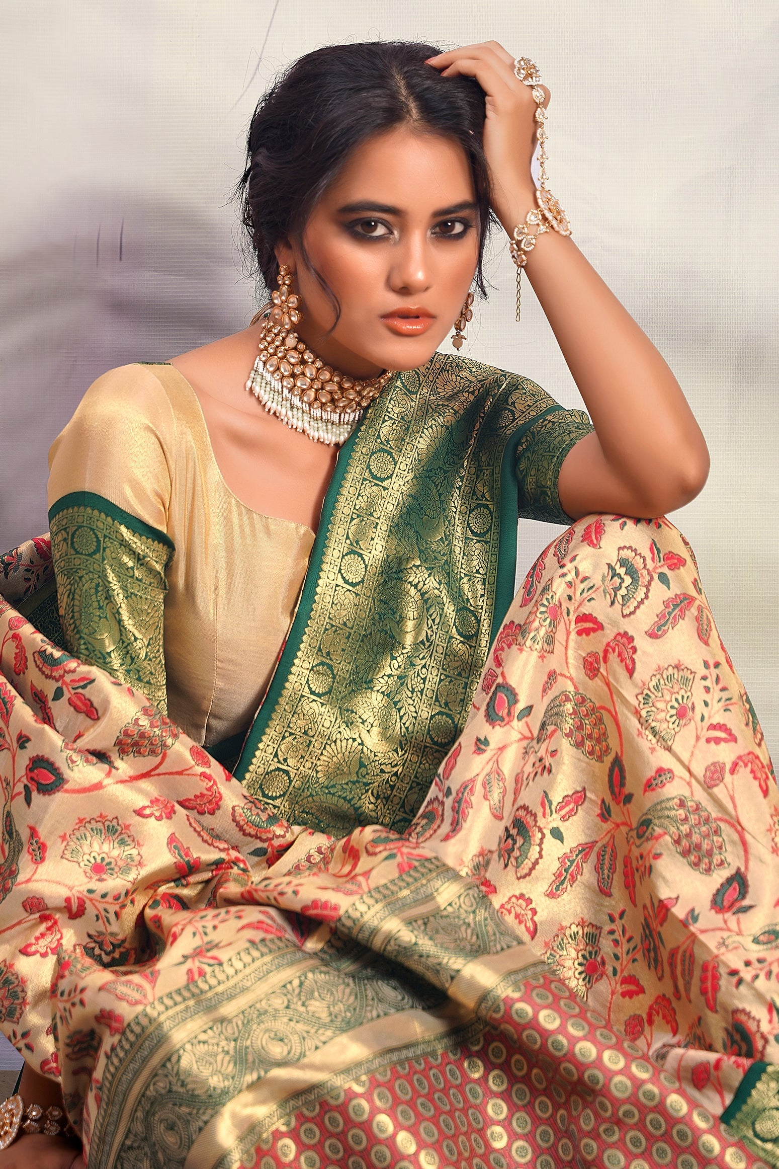 Beige With Green Border Pure Dharmavaram Silk Saree-ZB133401_3_SareeButa.com