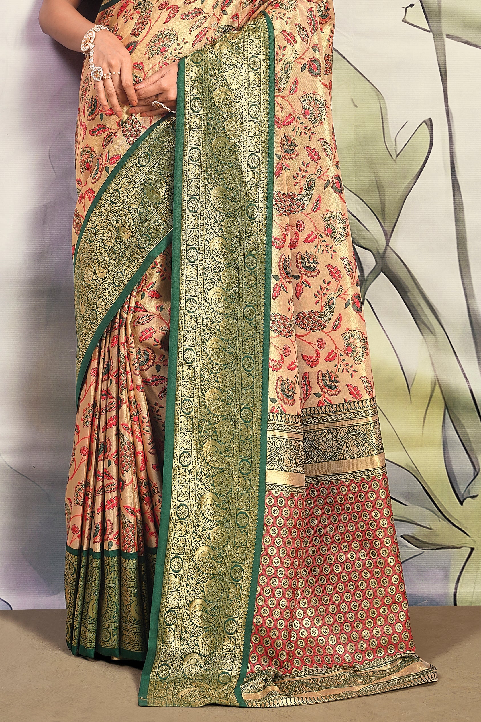 Beige With Green Border Pure Dharmavaram Silk Saree-ZB133401_4_SareeButa.com