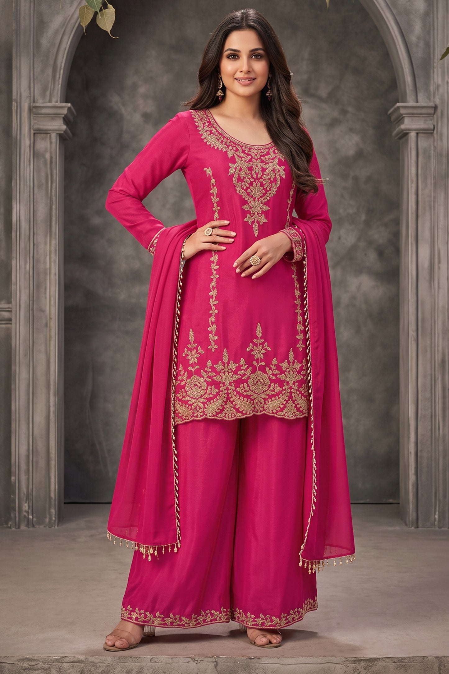 Pink Readymade Bead Work Chinon Palazzo Suit-SAR13095_1_SareeButa.com