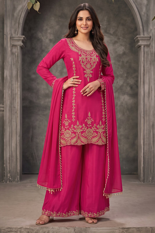 Pink Readymade Bead Work Chinon Palazzo Suit-SAR13095_1_SareeButa.com