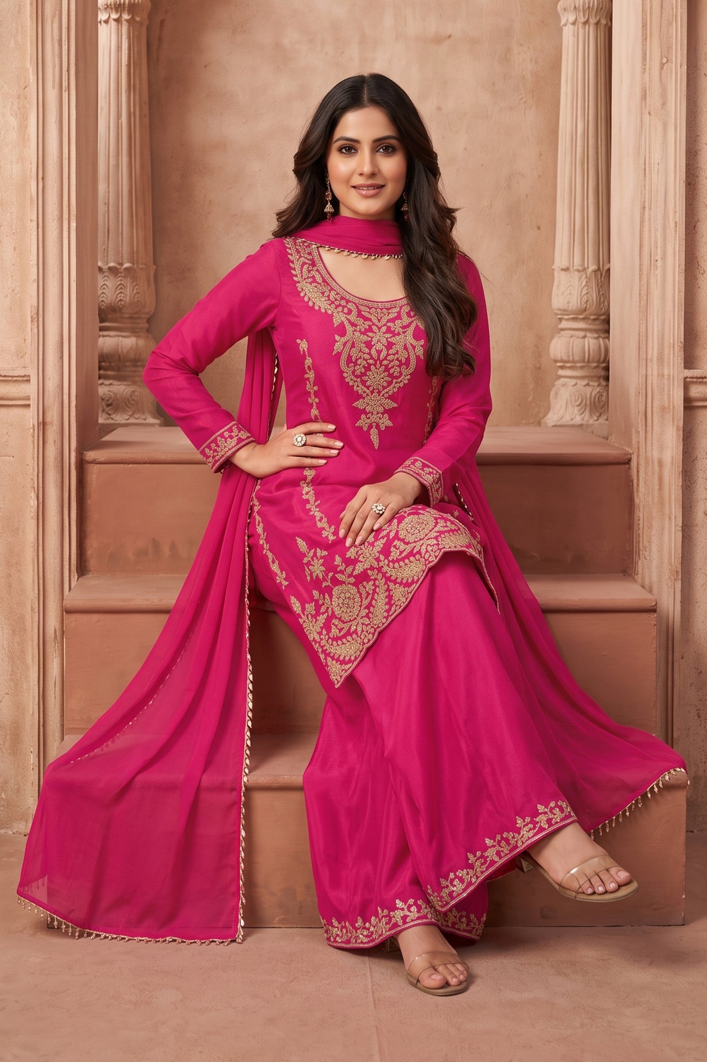 Pink Readymade Bead Work Chinon Palazzo Suit-SAR13095_4_SareeButa.com