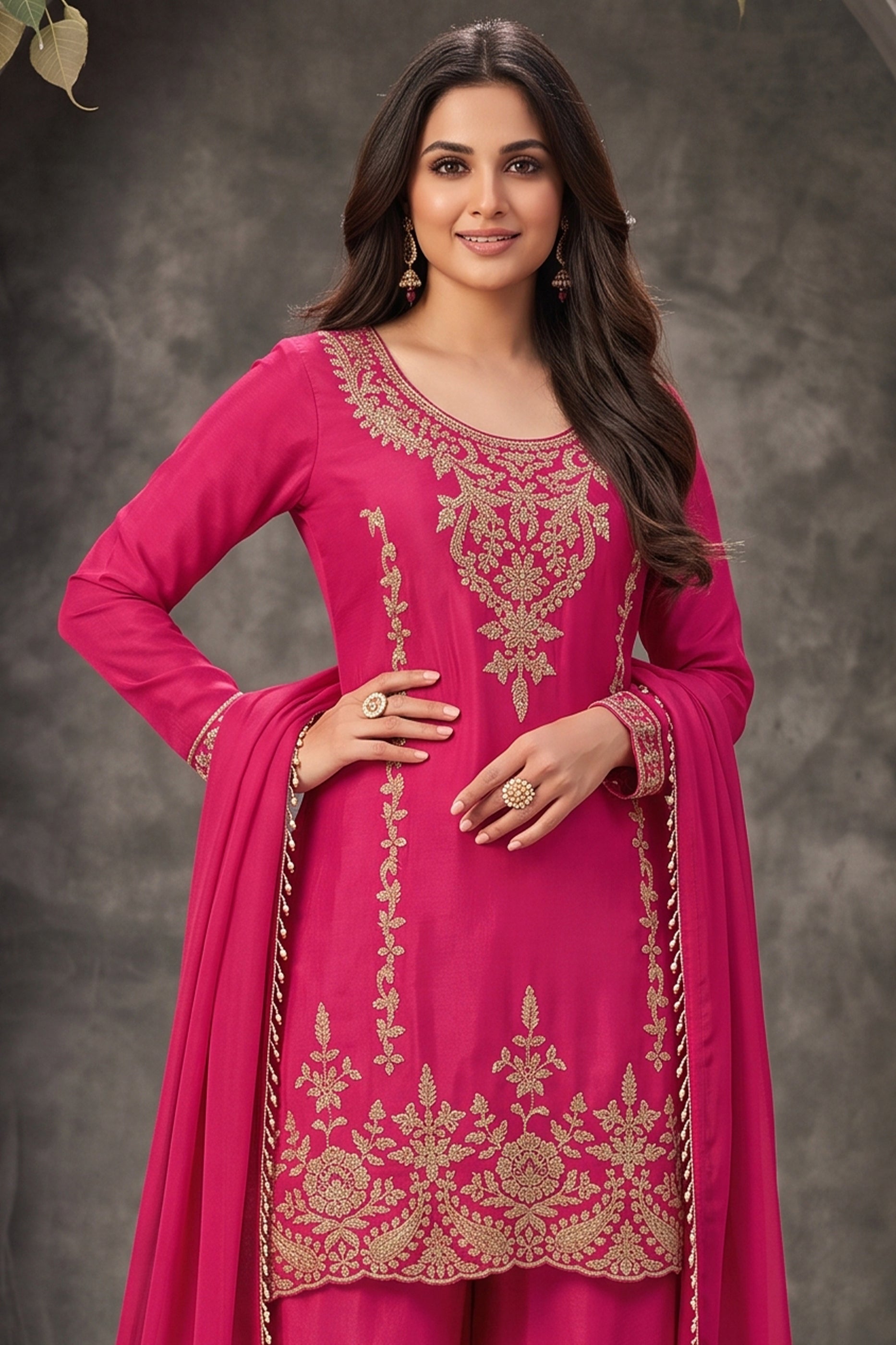 Pink Readymade Bead Work Chinon Palazzo Suit-SAR13095_5_SareeButa.com