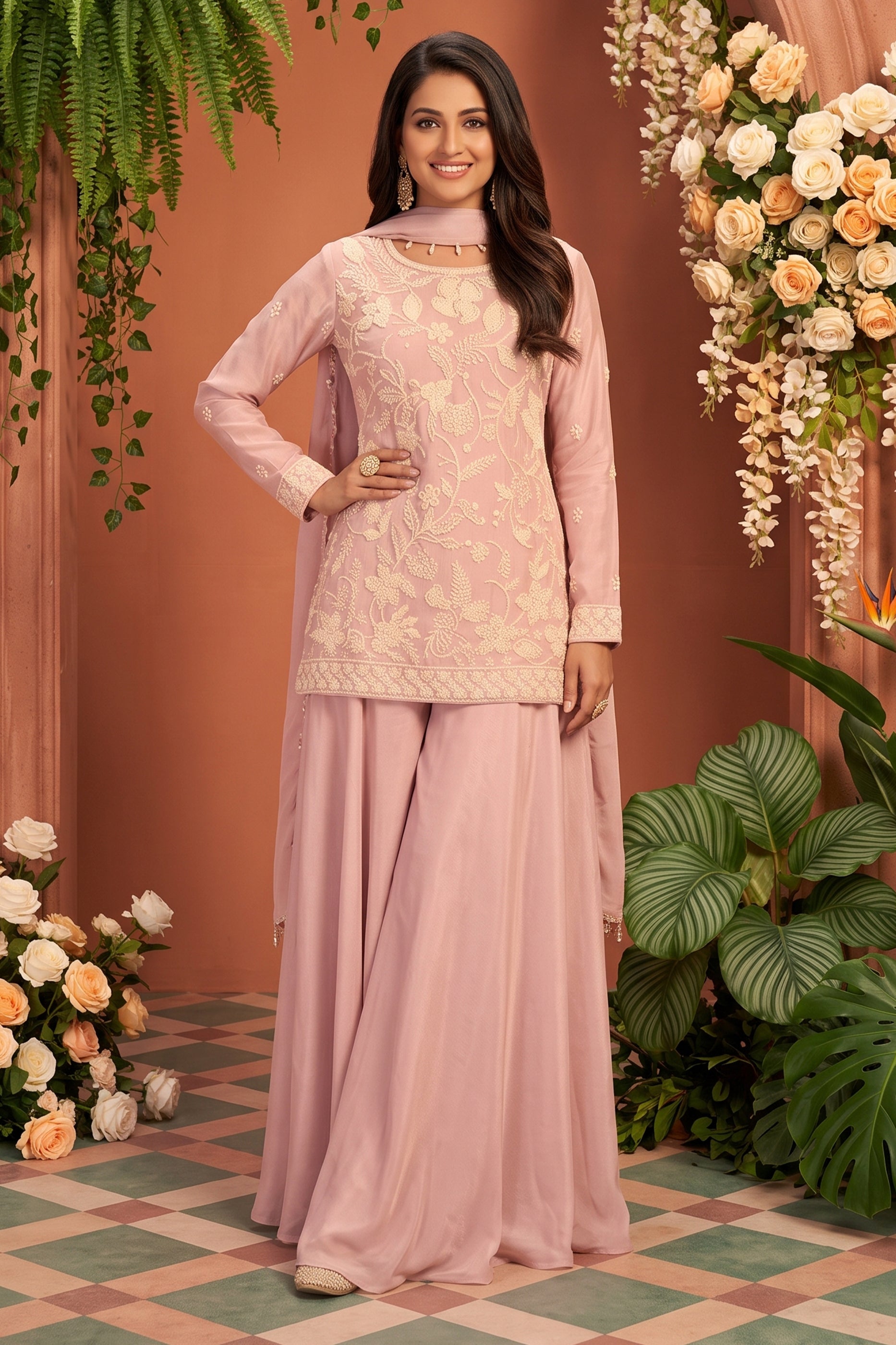 Pink Readymade Bead Work Chinon Suit-SAR13042_1_SareeButa.com
