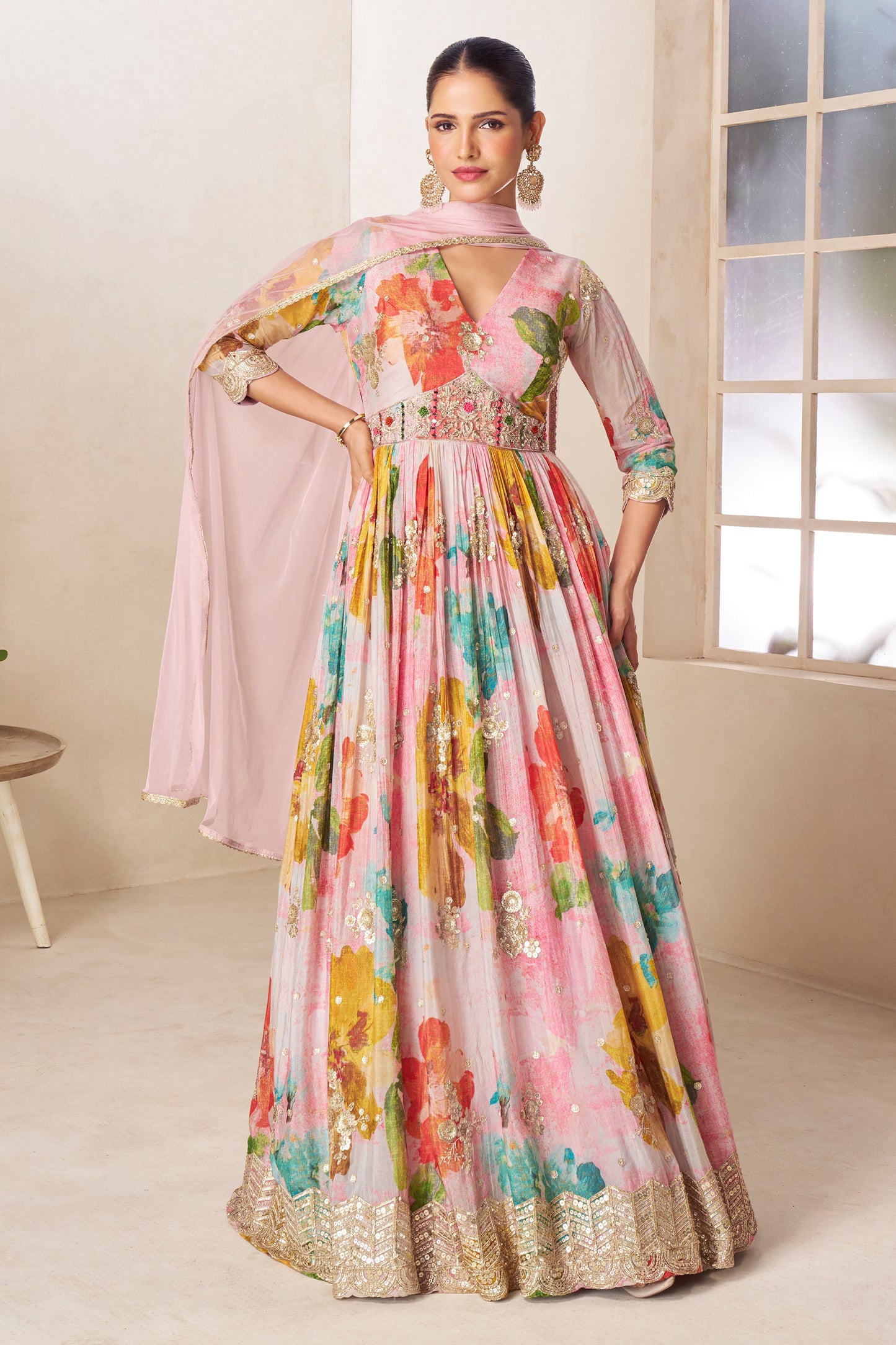 Pink Readymade Chinon Gown with Dupatta-SAR11559_1_SareeButa.com