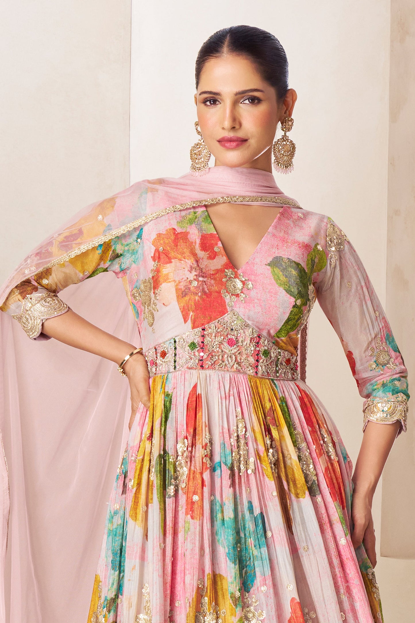 Pink Readymade Chinon Gown with Dupatta-SAR11559_3_SareeButa.com