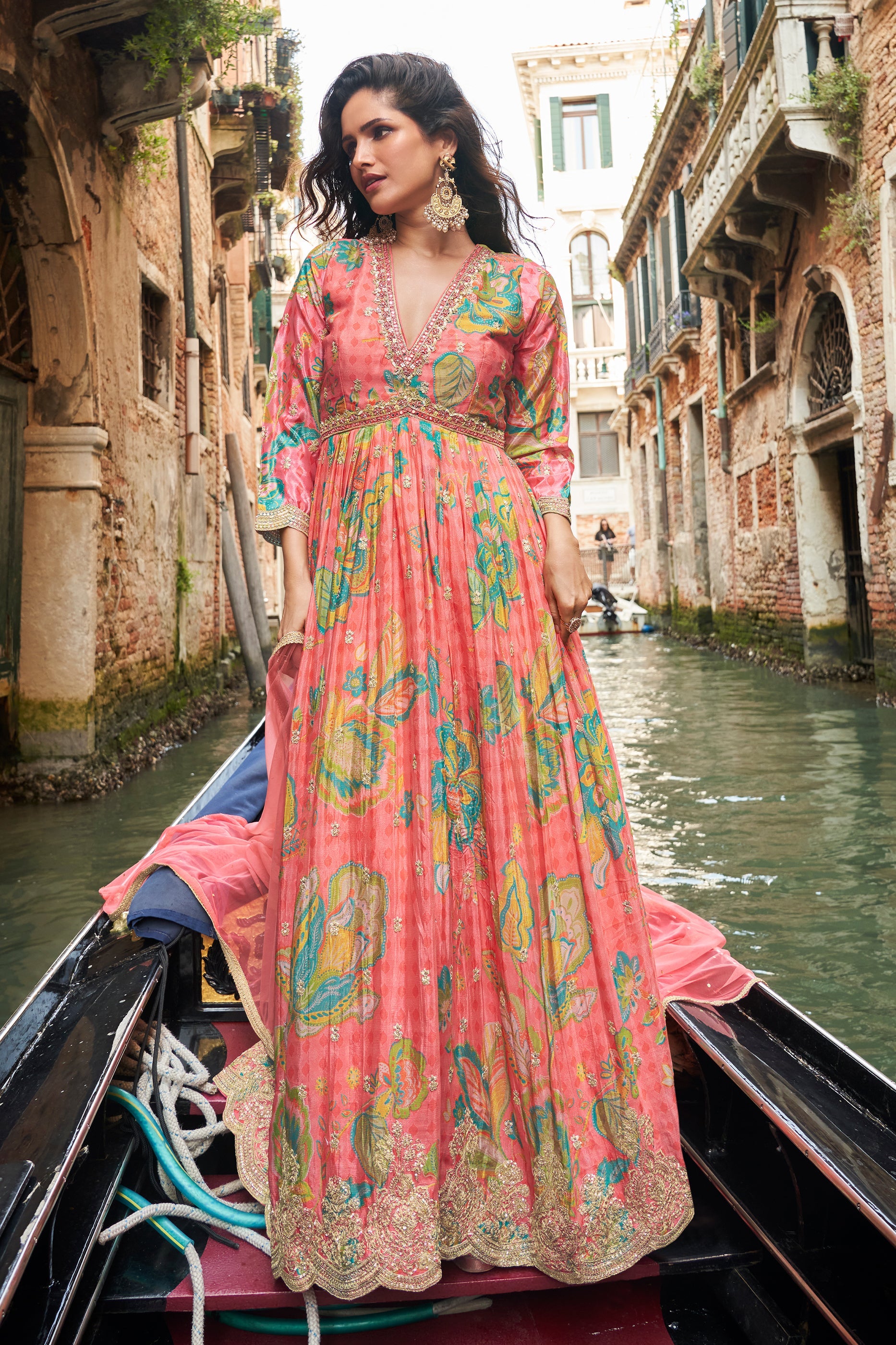 Pink Readymade Chinon Silk Gown with Dupatta-SAR10490_1_SareeButa.com