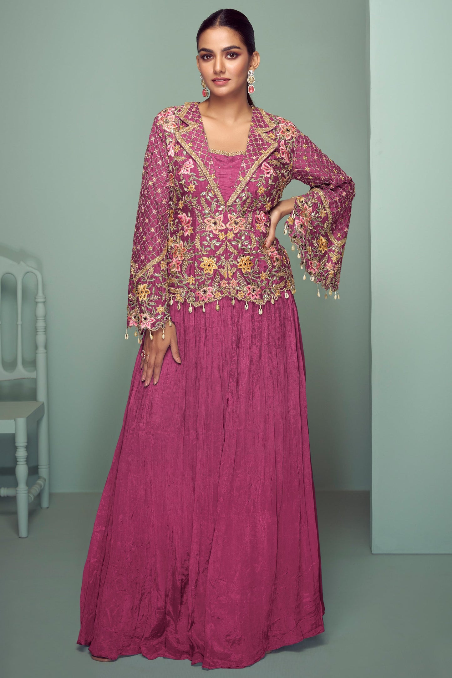 Pink Readymade Chinon Silk Skirt Set-SS769_1_SareeButa.com