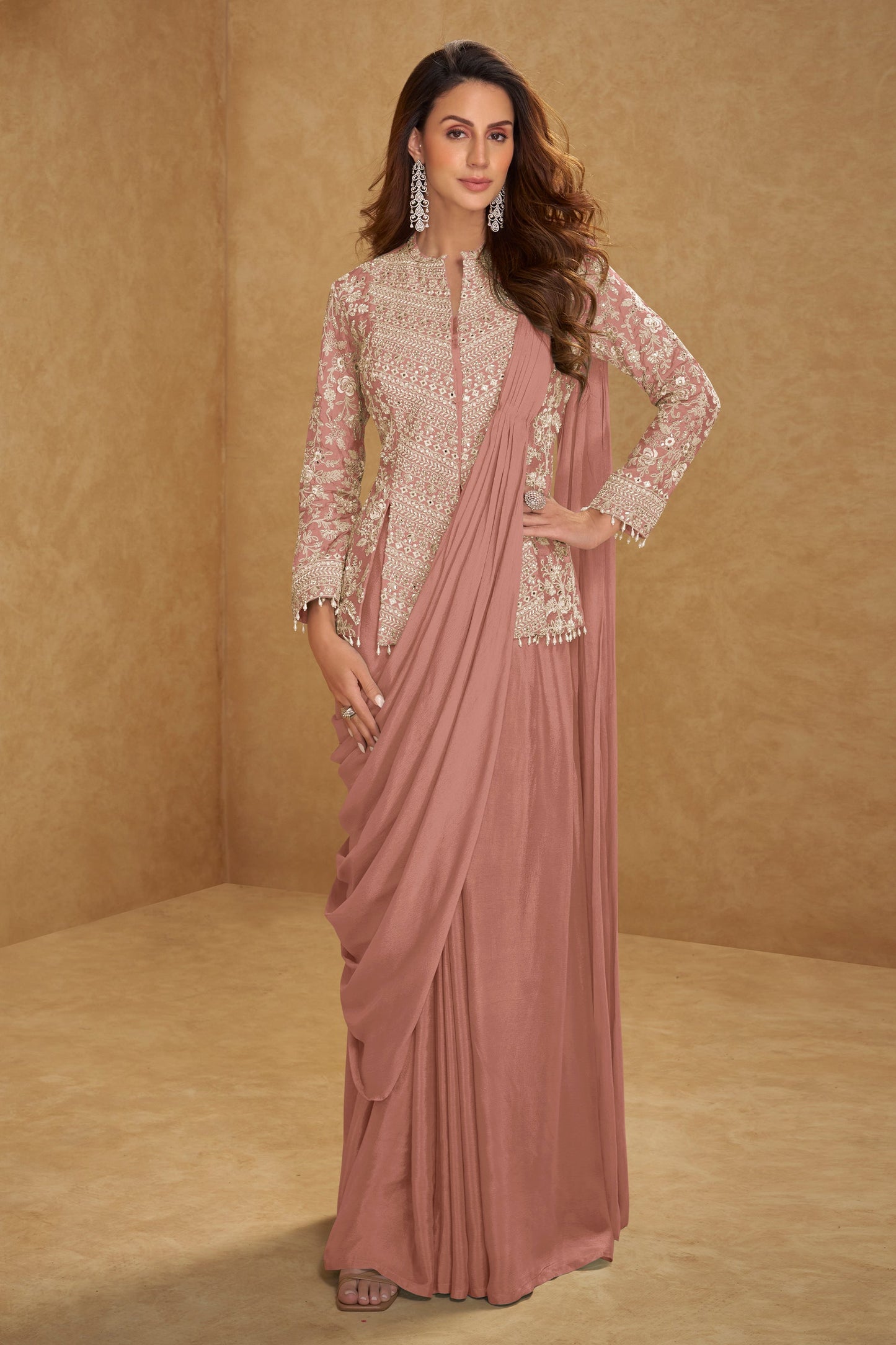 Pink Readymade Chinon Skirt Set With Stitched Dupatta-SAR11538_1_SareeButa.com