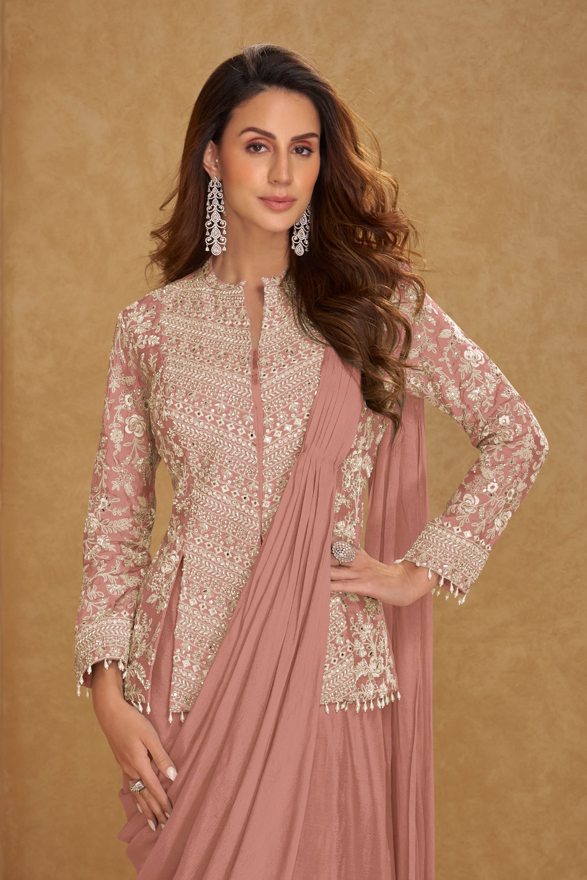 Pink Readymade Chinon Skirt Set With Stitched Dupatta-SAR11538_3_SareeButa.com