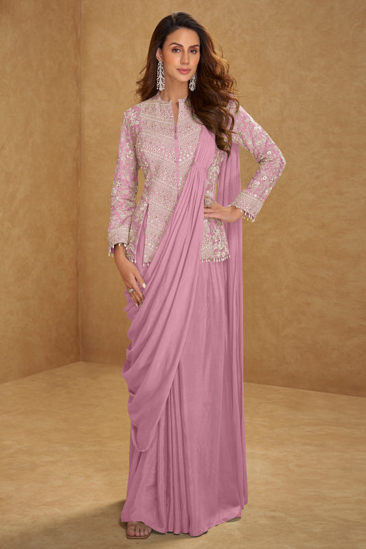 Pink Readymade Chinon Skirt Set With Stitched Dupatta-SAR12795_1_SareeButa.com