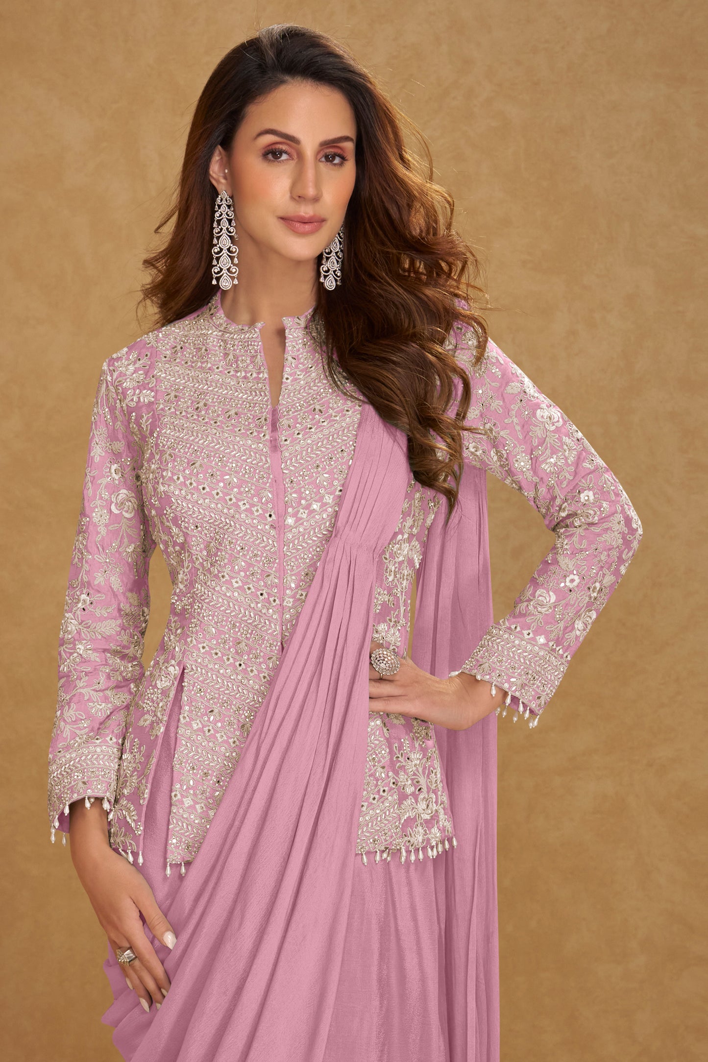 Pink Readymade Chinon Skirt Set With Stitched Dupatta-SAR12795_3_SareeButa.com