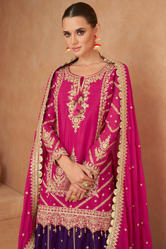 Pink Readymade Chinon Skirt Suit with Mirror Embroidery -SS508_2_SareeButa.com